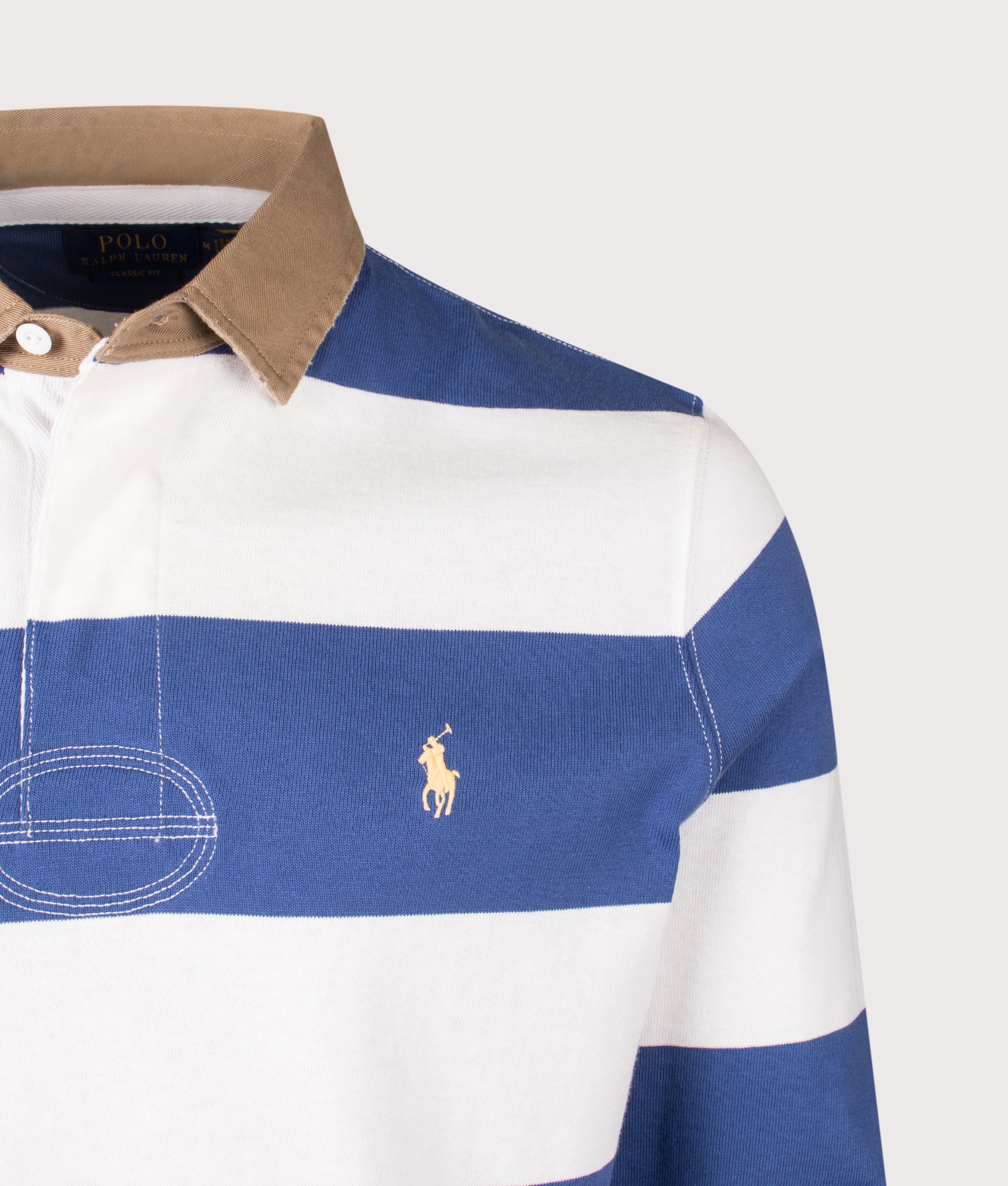Classic Fit Khaki-Collar Striped Rugby Shirt in Old Royal/Trophy Cream | 100% Cotton | Polo Ralph Lauren | EQVVS | Front detail shot 