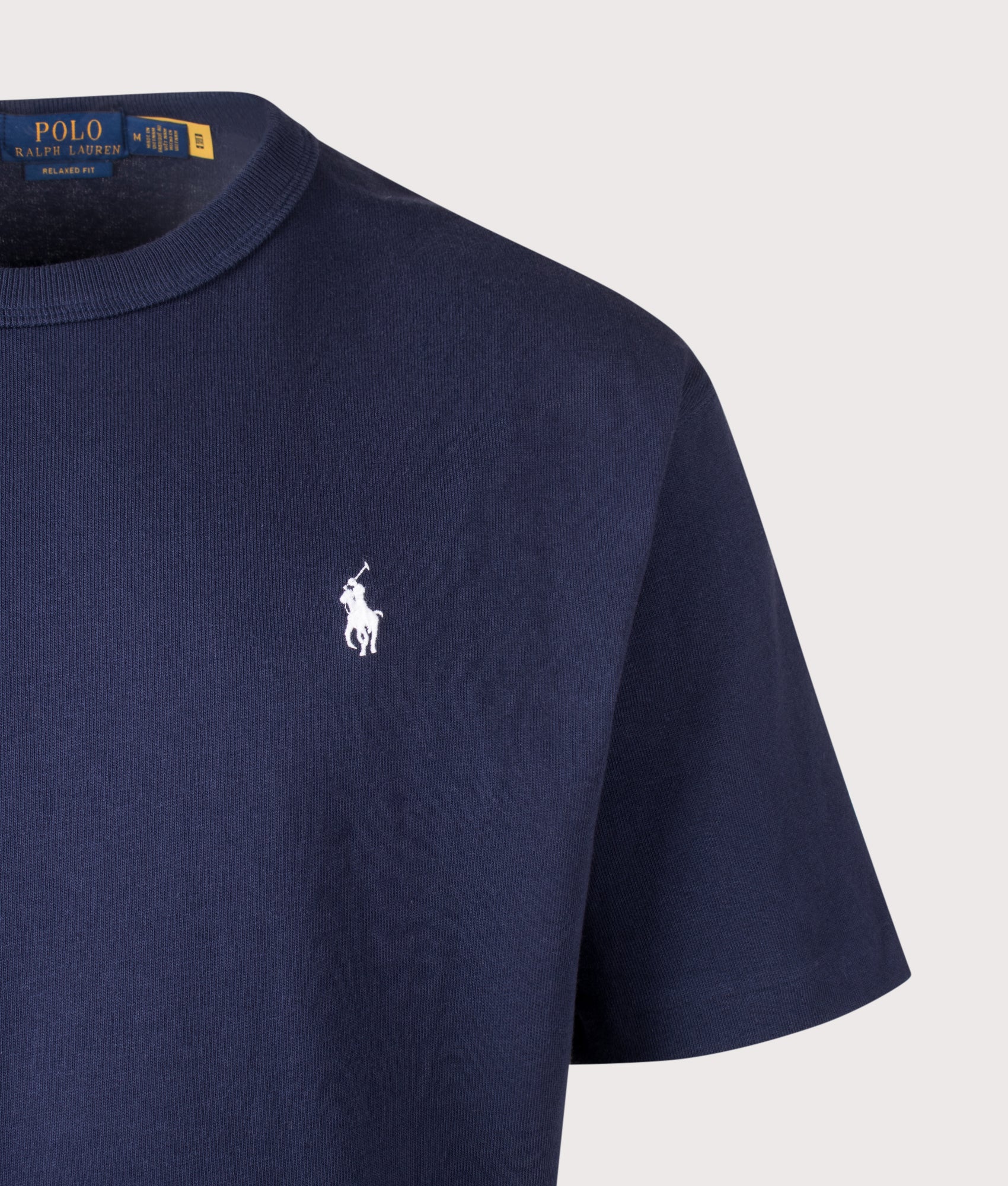 Polo Ralph Lauren Relaxed Fit Logo Jersey T-Shirt in Cruise Navy at EQVVS Menswear. Detail shot.