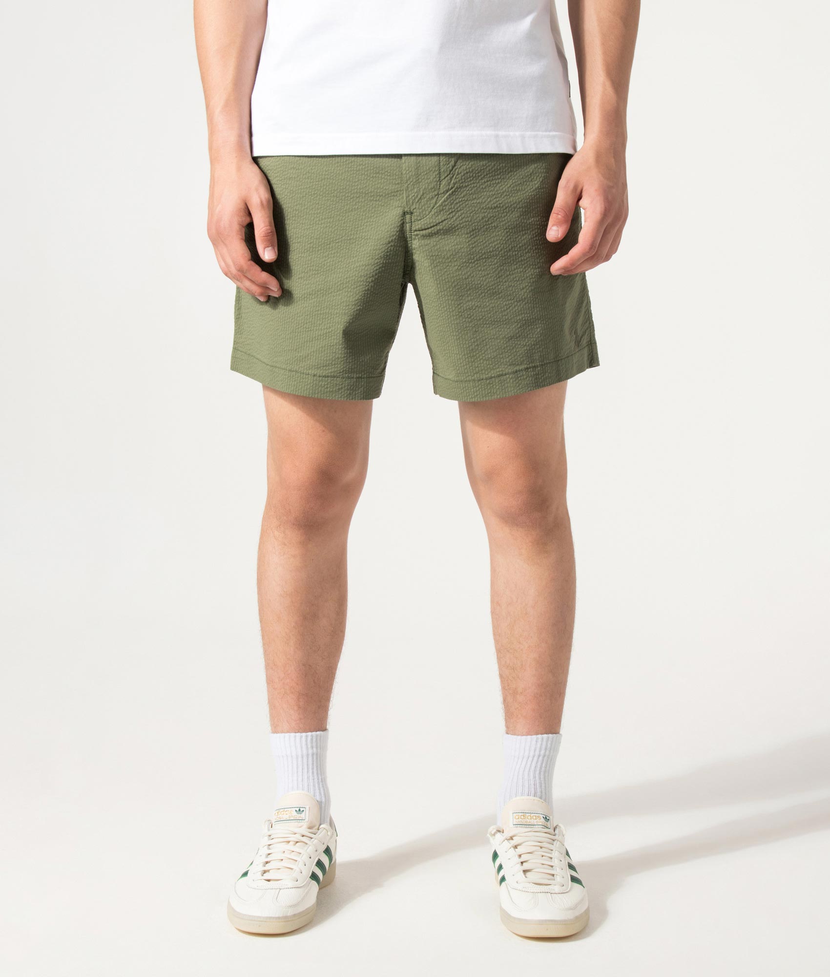 Polo Ralph Lauren Classic Fit Polo Prepster Performance Shorts in Supply Olive and Garden Trail Multi at EQVVS Menswear. Model front shot.