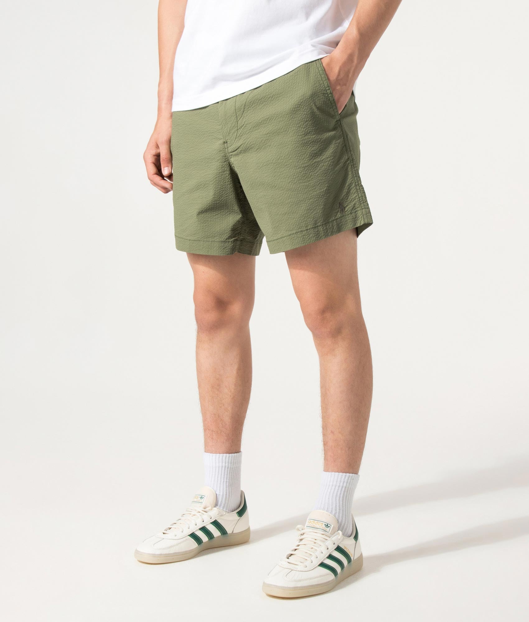 Polo Ralph Lauren Classic Fit Polo Prepster Performance Shorts in Supply Olive and Garden Trail Multi at EQVVS Menswear. Angled Model front shot.