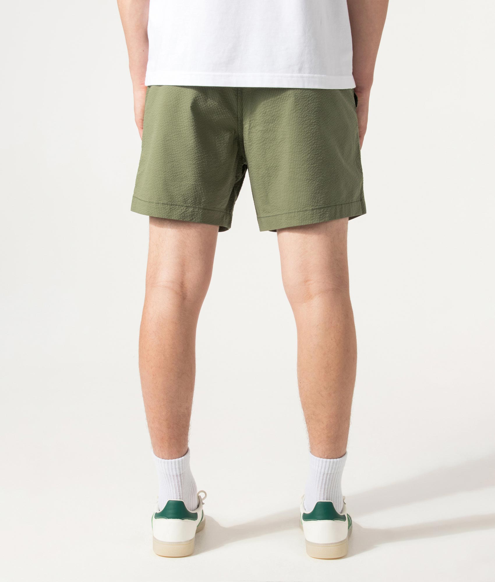 Polo Ralph Lauren Classic Fit Polo Prepster Performance Shorts in Supply Olive and Garden Trail Multi at EQVVS Menswear. Model back shot.