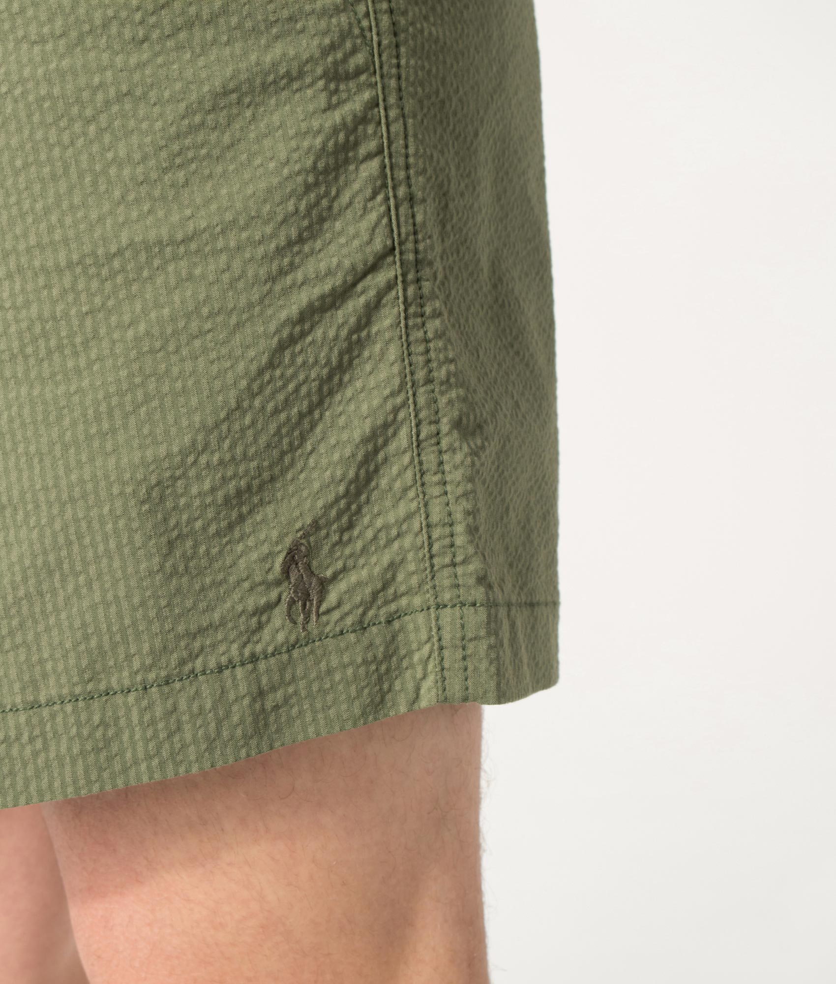Polo Ralph Lauren Classic Fit Polo Prepster Performance Shorts in Supply Olive and Garden Trail Multi at EQVVS Menswear. Detail shot.