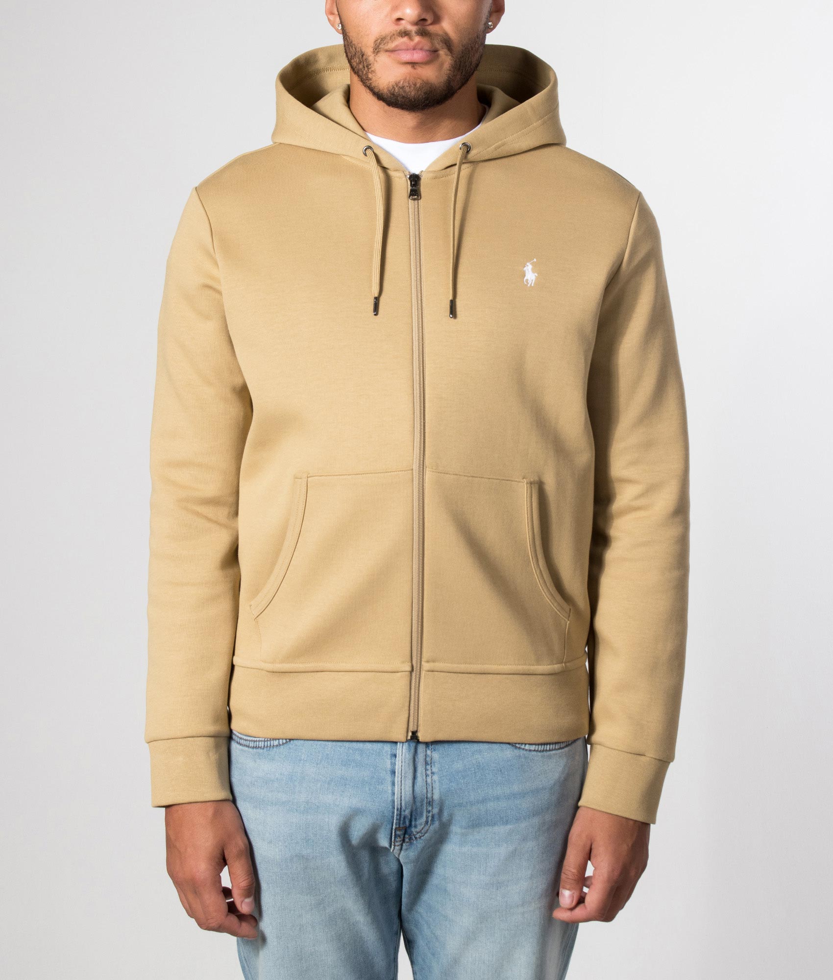 Zip Through Double Knit Hoodie in Camel by Polo Ralph Lauren. Shot by EQVVS. Model front shot.