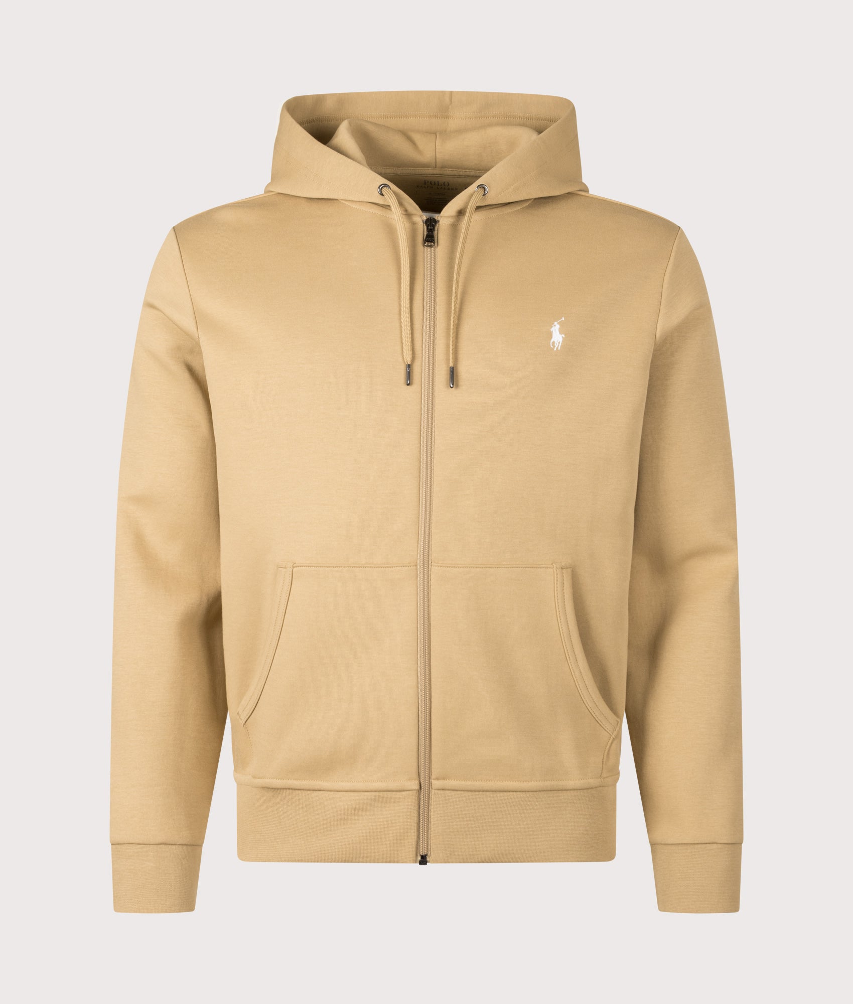 Zip Through Double Knit Hoodie in Camel by Polo Ralph Lauren. Shot by EQVVS. Front shot.