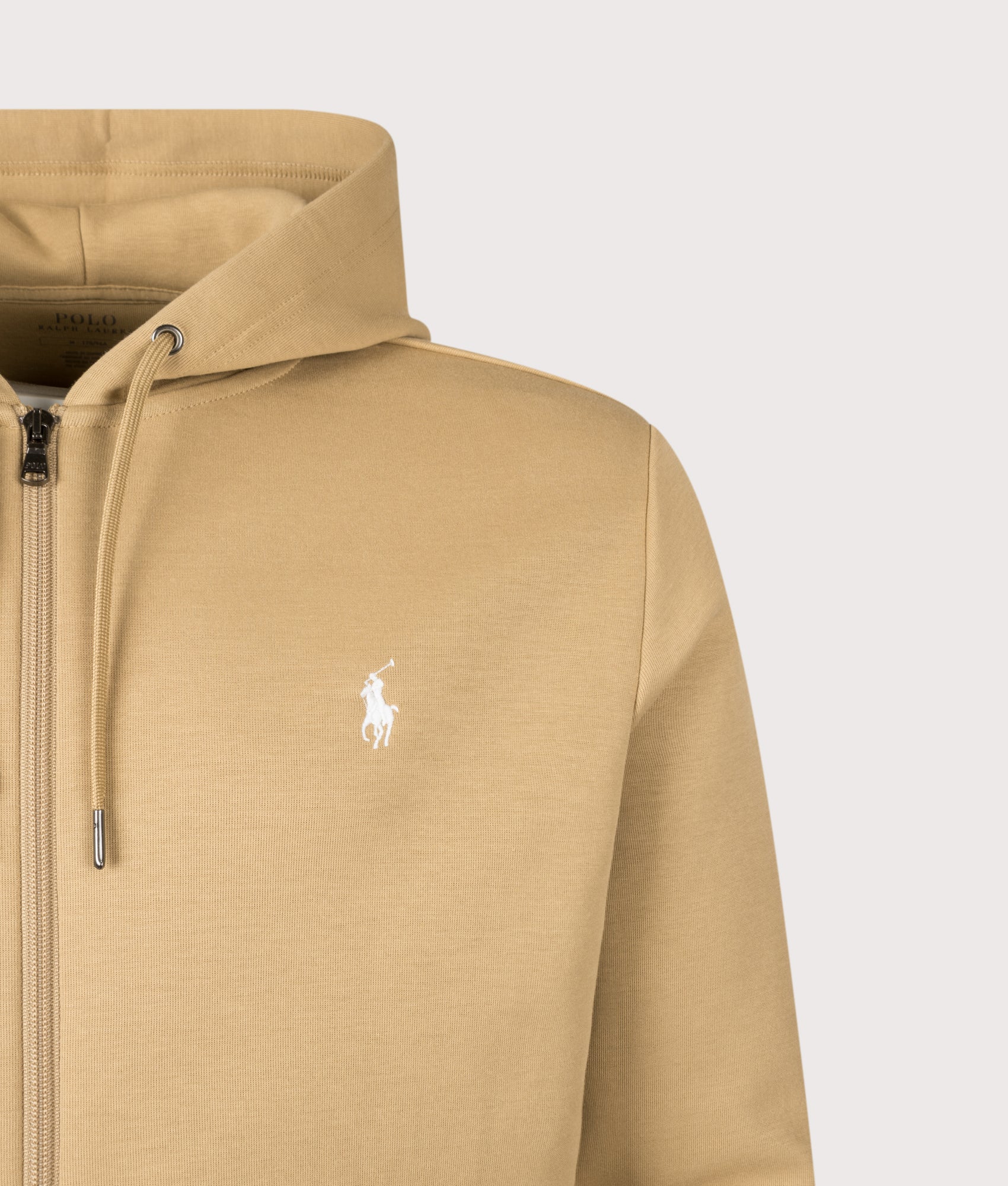 Zip Through Double Knit Hoodie in Camel by Polo Ralph Lauren. Shot by EQVVS. Detail shot.