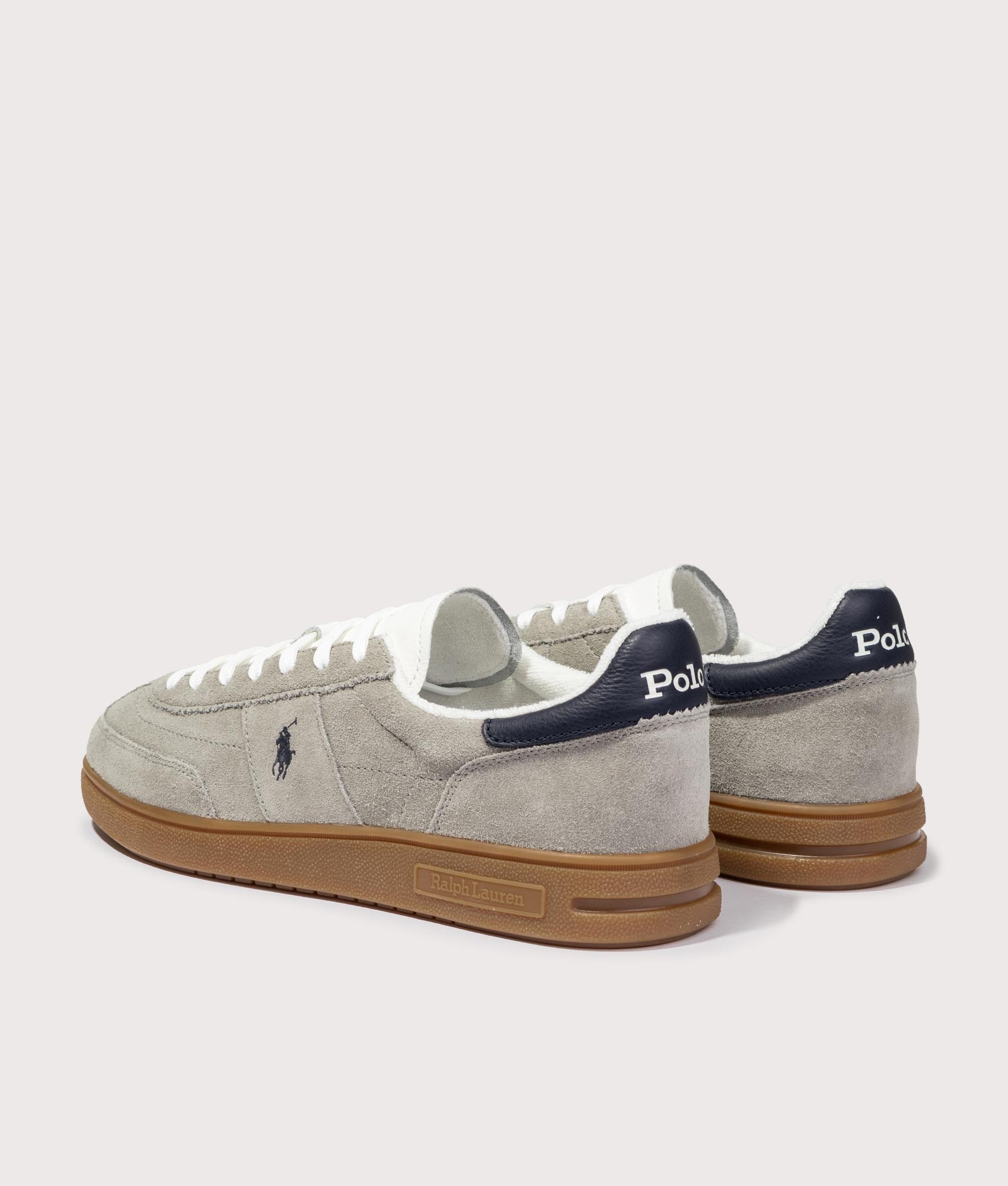 Polo Ralph Lauren Bedford Suede Sneakers in Earth Grey and Hunter Navy  at EQVVS Menswear. Angled back shot.