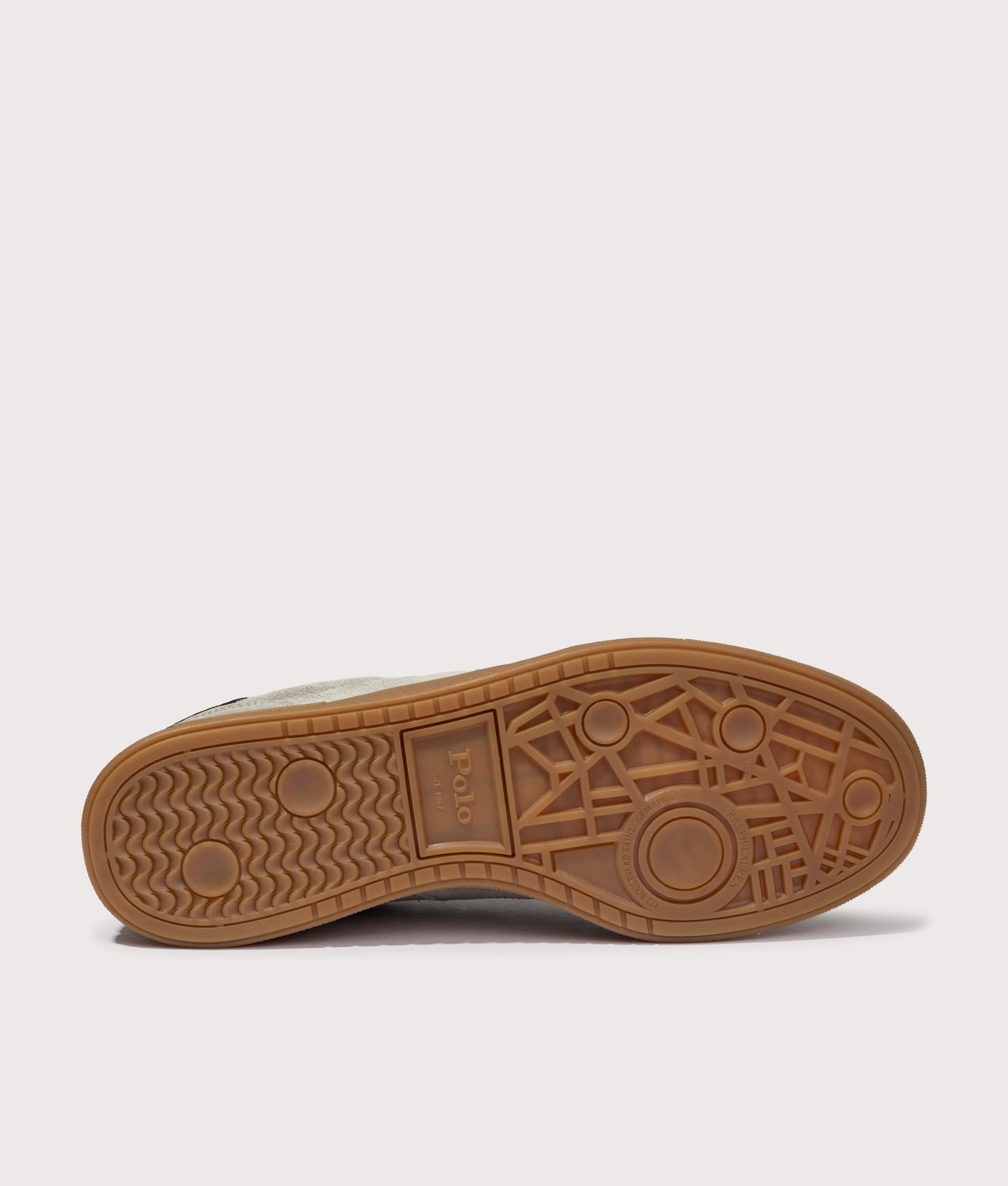 Polo Ralph Lauren Bedford Suede Sneakers in Earth Grey and Hunter Navy  at EQVVS Menswear. Tread shot.