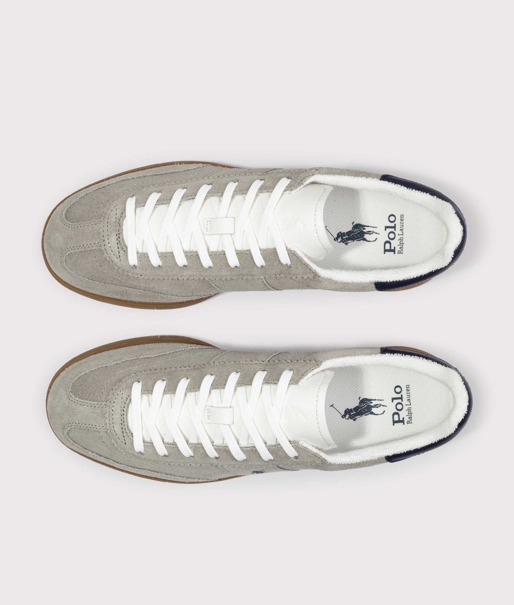 Polo Ralph Lauren Bedford Suede Sneakers in Earth Grey and Hunter Navy  at EQVVS Menswear. Back shot.