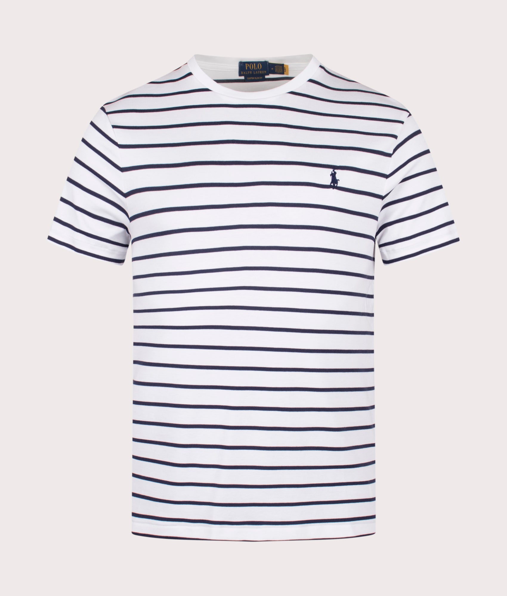 Polo Ralph Lauren Custom Slim Fit T-Shirt in White and Refined Navy at EQVVS Menswear. Front shot.