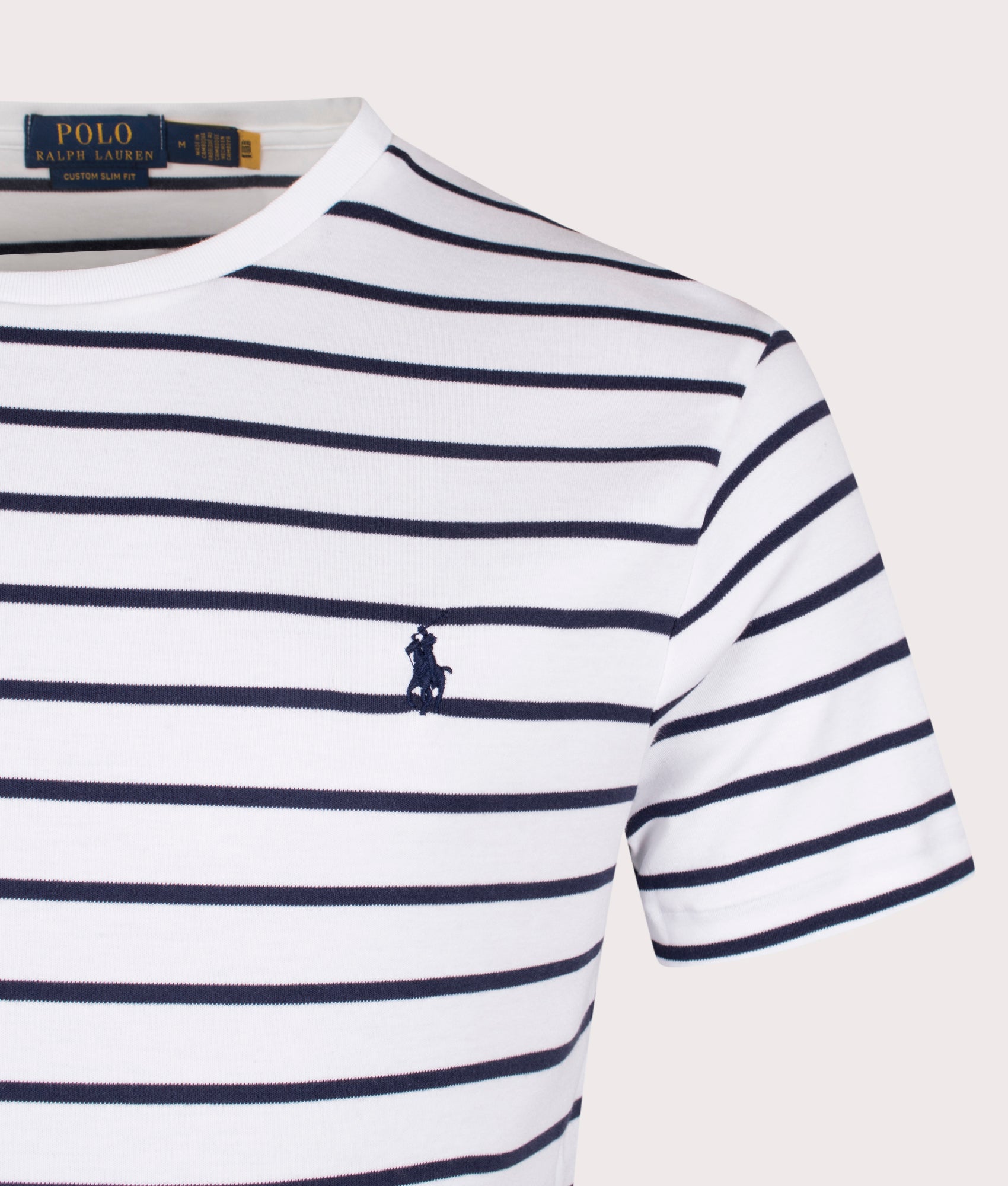 Polo Ralph Lauren Custom Slim Fit T-Shirt in White and Refined Navy at EQVVS Menswear. Detail shot.