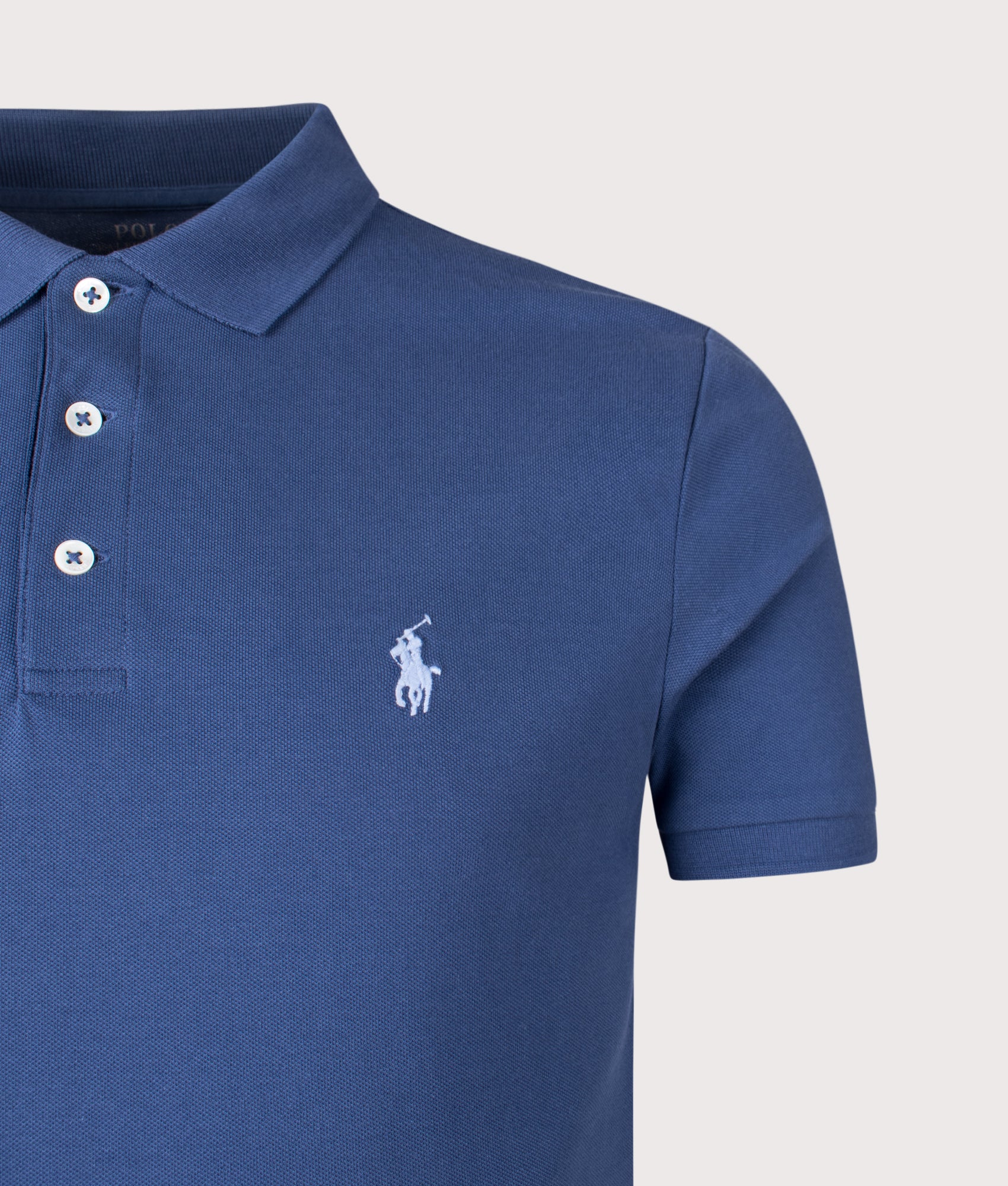 Custom Slim Fit Stretch Mesh Polo Shirt in Night Navy | 100% Cotton | Polo Ralph Lauren | EQVVS | Front detail shot 