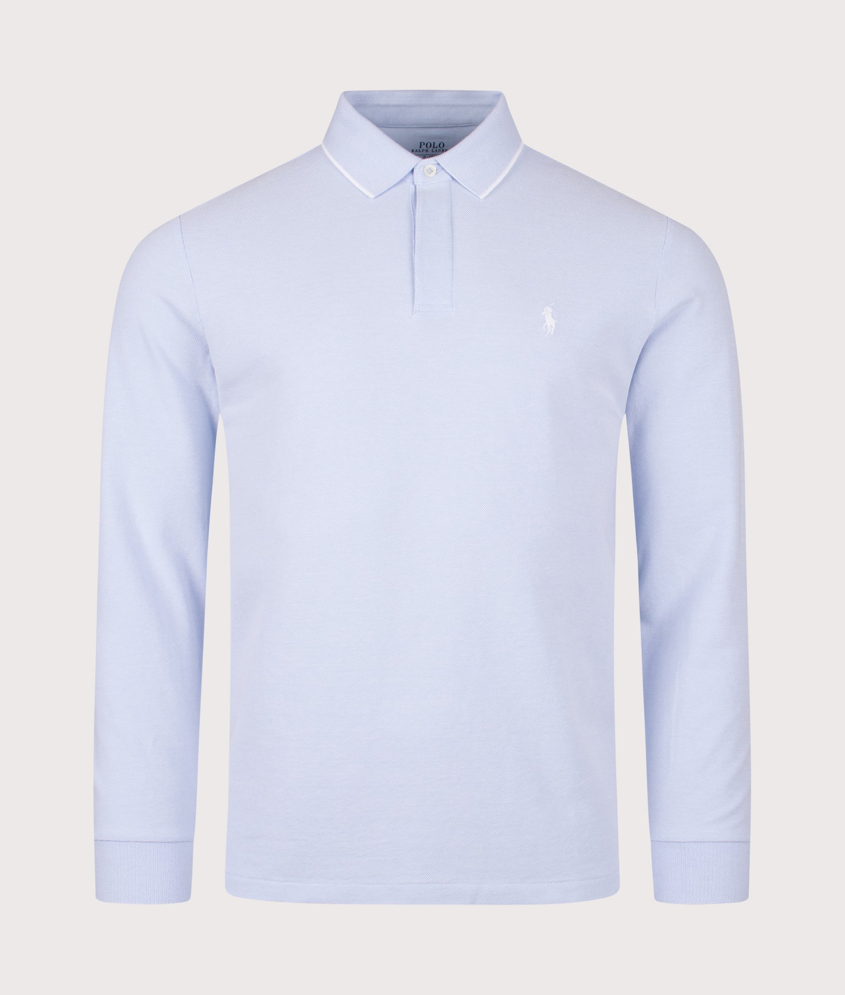 Polo Ralph Lauren Custom Slim Fit Long Sleeve Oxford Mesh Polo Shirt in Office Blue and White at EQVVS Menswear. Front shot. 