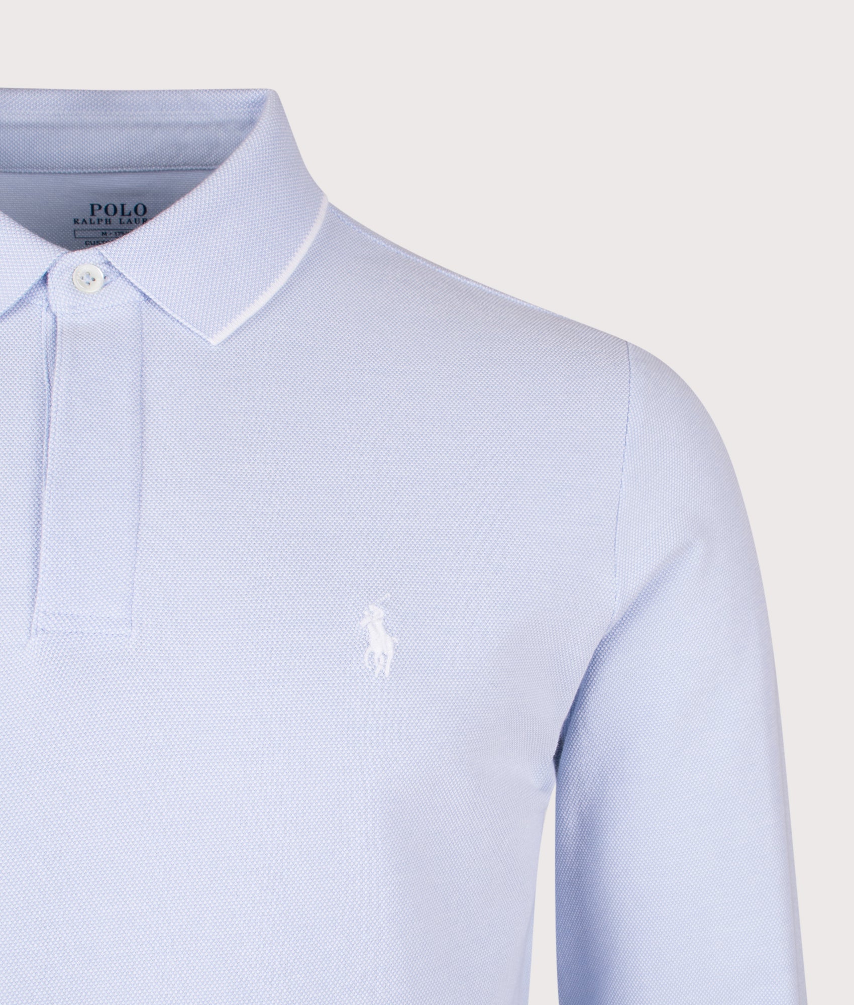 Polo Ralph Lauren Custom Slim Fit Long Sleeve Oxford Mesh Polo Shirt in Office Blue and White at EQVVS Menswear. Detail shot.