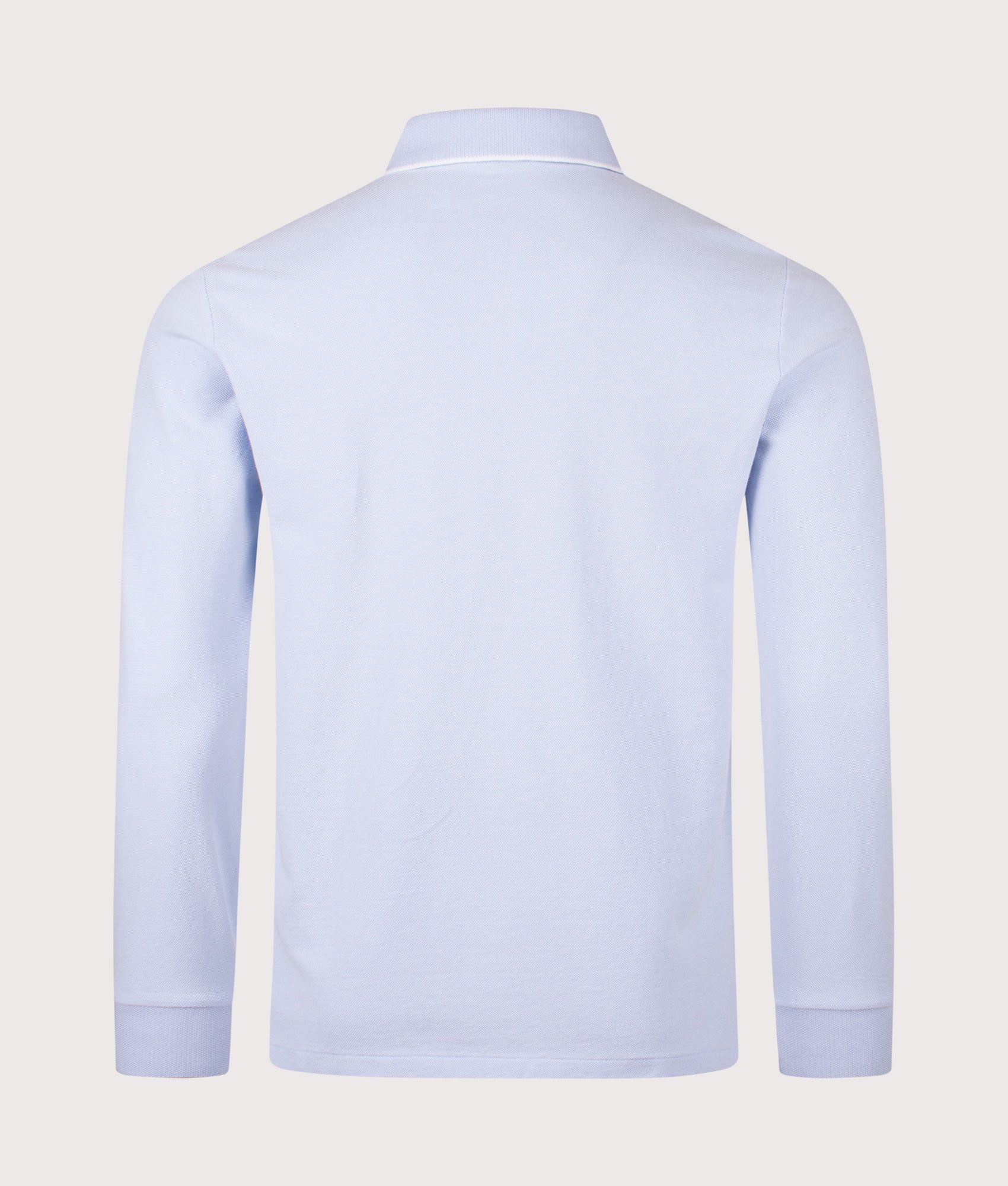 Polo Ralph Lauren Custom Slim Fit Long Sleeve Oxford Mesh Polo Shirt in Office Blue and White at EQVVS Menswear. Back shot.