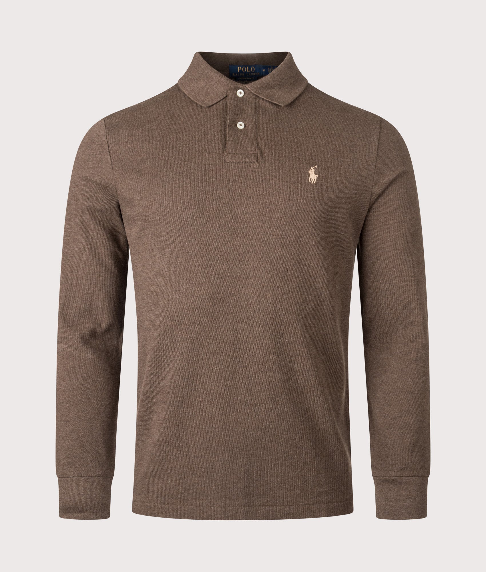 Custom Slim Fit Long Sleeve Polo Shirt in Nutmeg Brown Heather | 100% Cotton | Polo Ralph Lauren | EQVVS | Front shot 