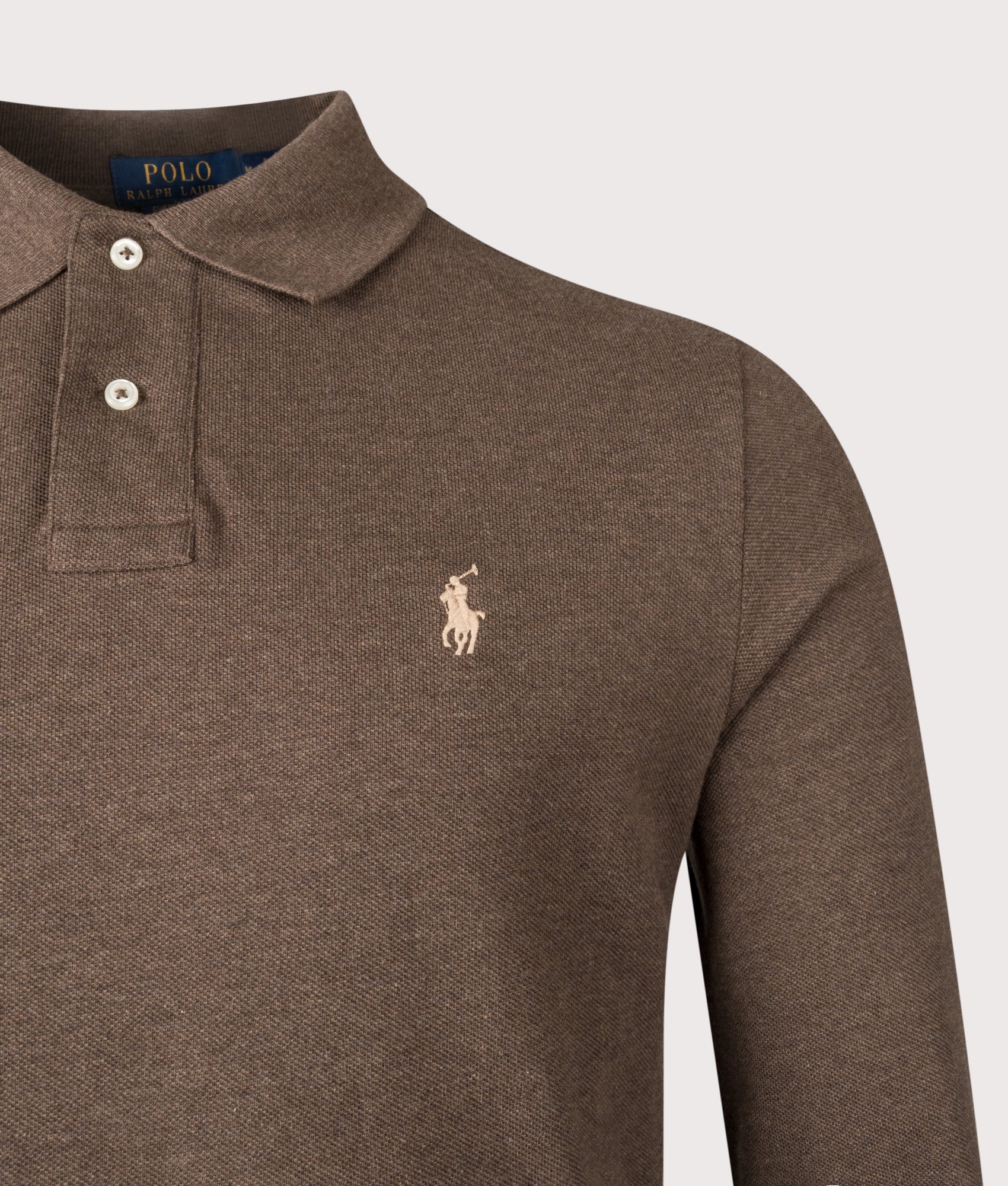 Custom Slim Fit Long Sleeve Polo Shirt in Nutmeg Brown Heather | 100% Cotton | Polo Ralph Lauren | EQVVS | Front detail shot 