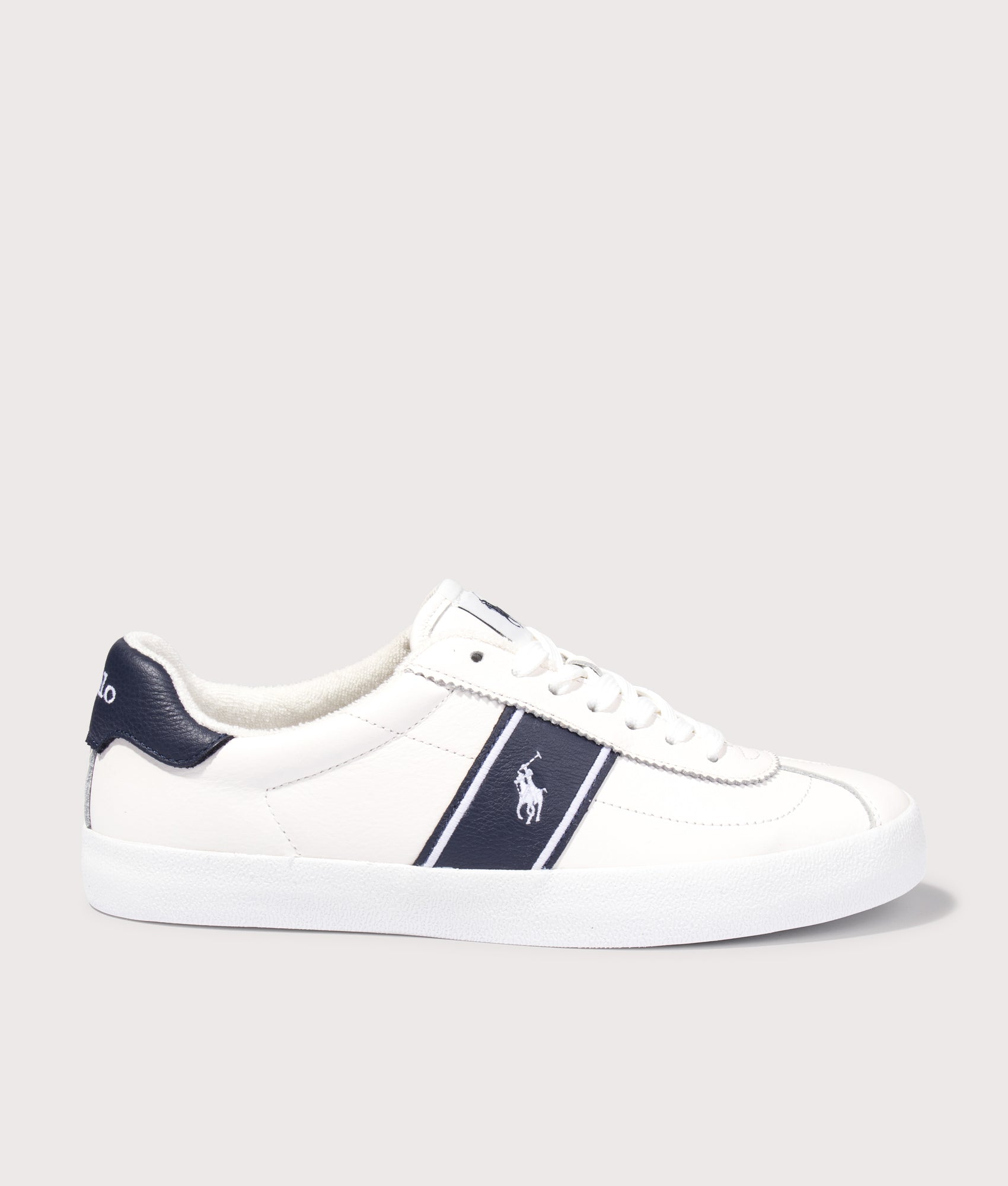 Polo Ralph Lauren Court Vulcanised Leather Sneakers in Deckwash White and Navy at EQVVS Menswear. Side shot.