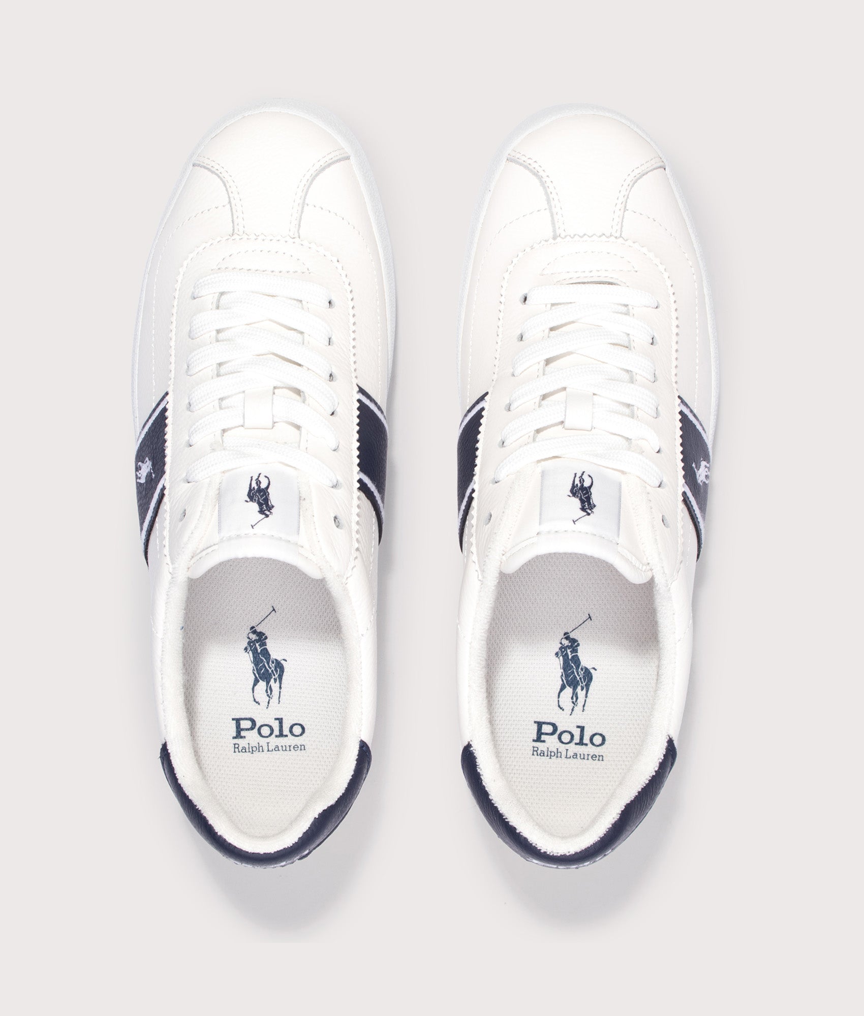Polo Ralph Lauren Court Vulcanised Leather Sneakers in Deckwash White and Navy at EQVVS Menswear. Top shot.