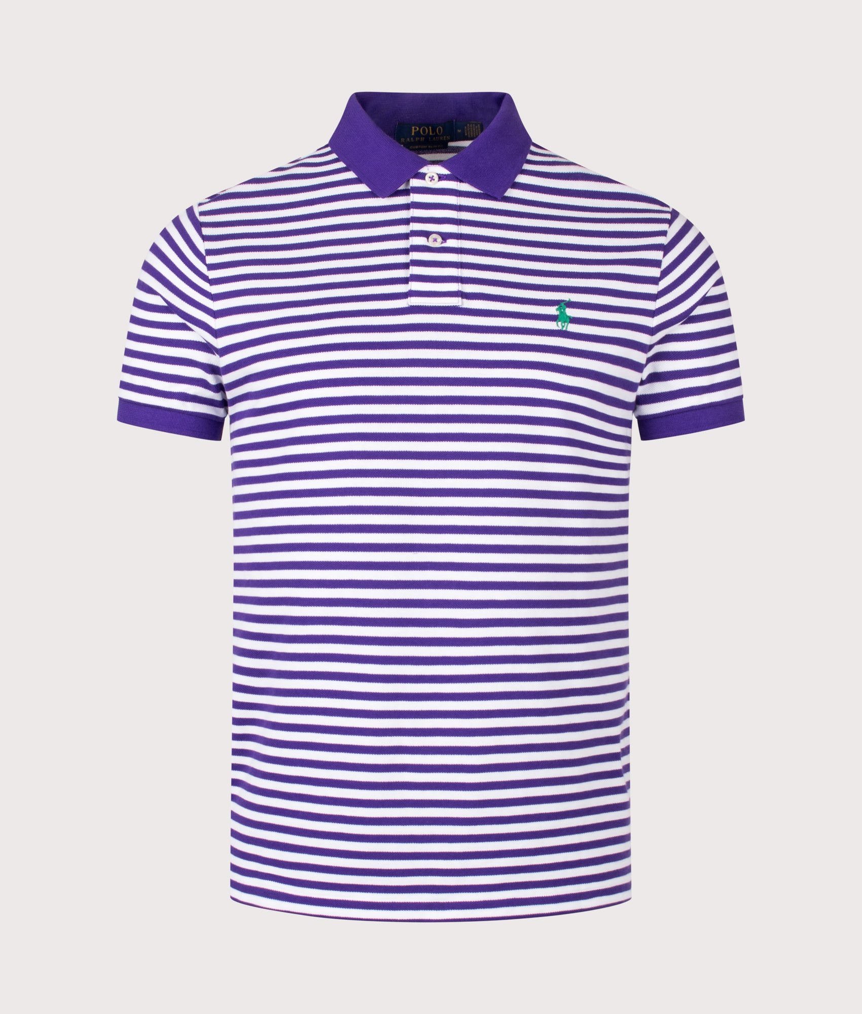 Polo Ralph Lauren Custom Slim Fit Striped Mesh Polo Shirt in Cabana Purple and White Stripe at EQVVS Menswear. Front shot.