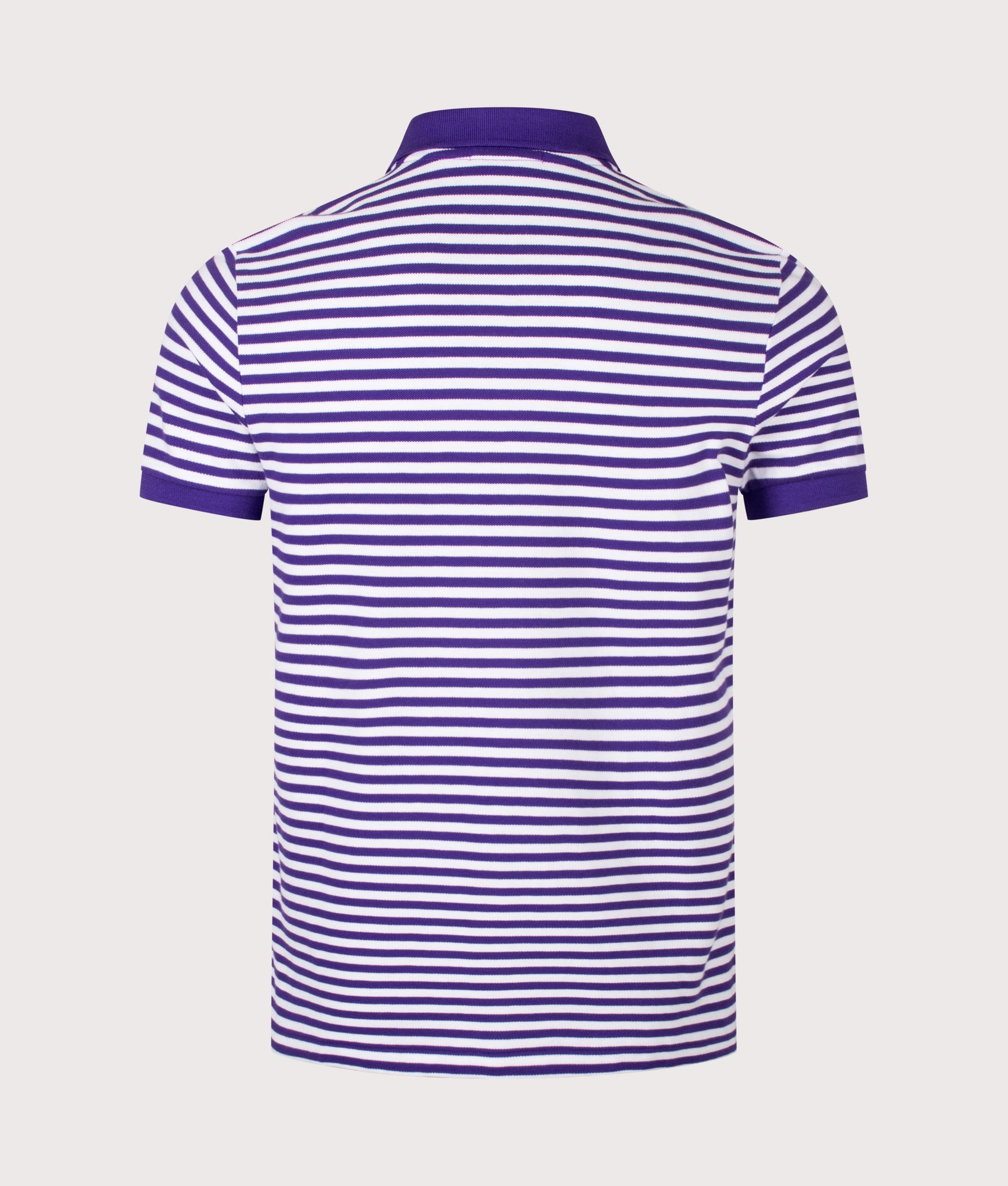 Polo Ralph Lauren Custom Slim Fit Striped Mesh Polo Shirt in Cabana Purple and White Stripe at EQVVS Menswear. Back shot.