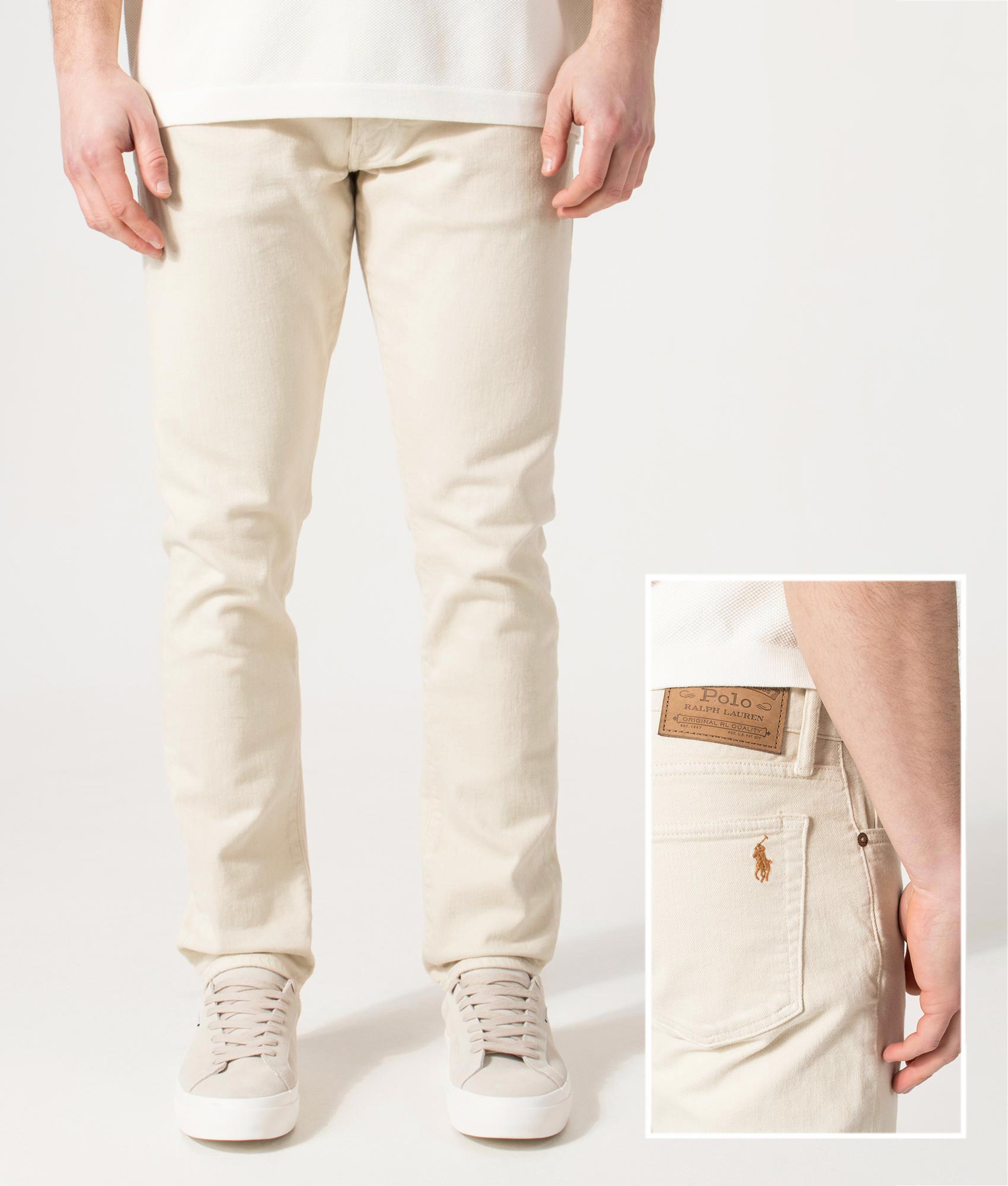 Polo Ralph Lauren Slim Fit Sullivan Stretch Jeans in Andover Cream at EQVVS Menswear. Front and back detail shot.