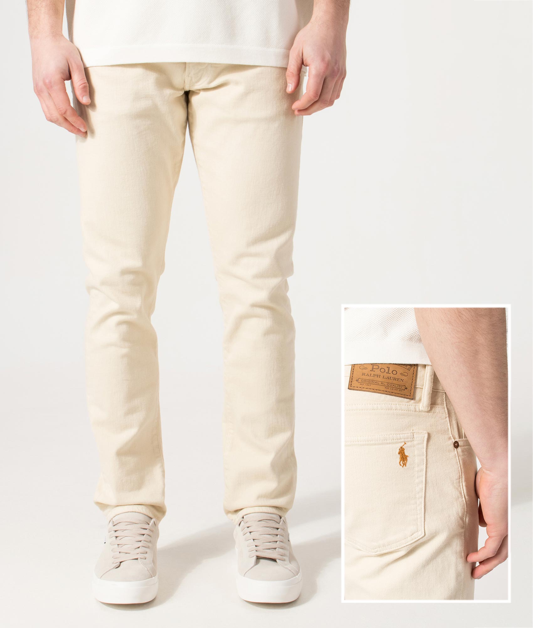 Polo Ralph Lauren Slim Fit Sullivan Stretch Jeans in Andover Cream at EQVVS Menswear. Front and back detail shot.