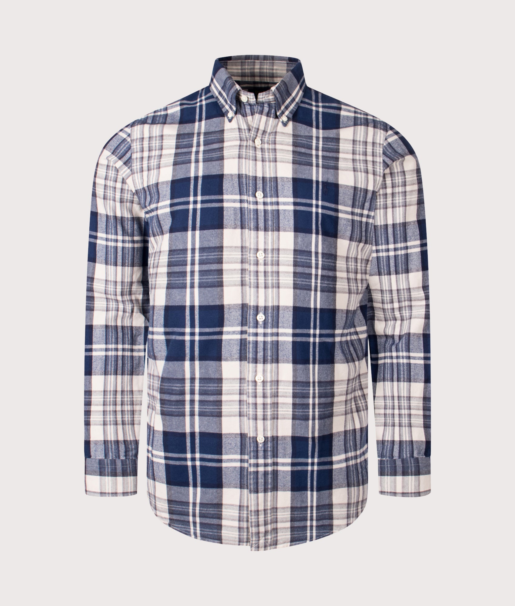 Polo Ralph Lauren Custom Fit Brushed Oxford Shirt in Off White Navy Multi at EQVVS Menswear. Front shot.