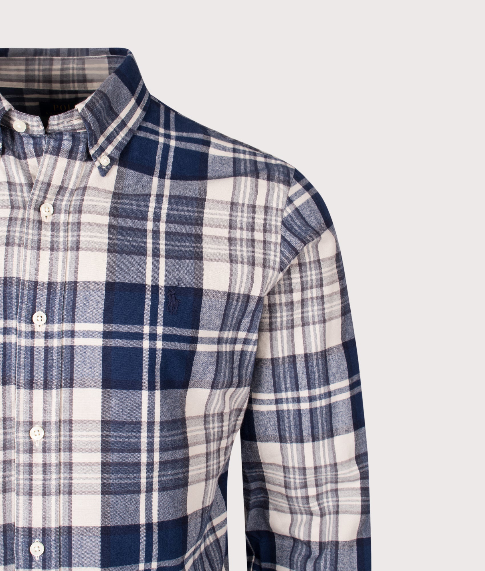 Custom Fit Brushed Oxford Shirt in Off White Navy Multi | 100% Cotton | Polo Ralph Lauren | EQVVS | Front detail shot 