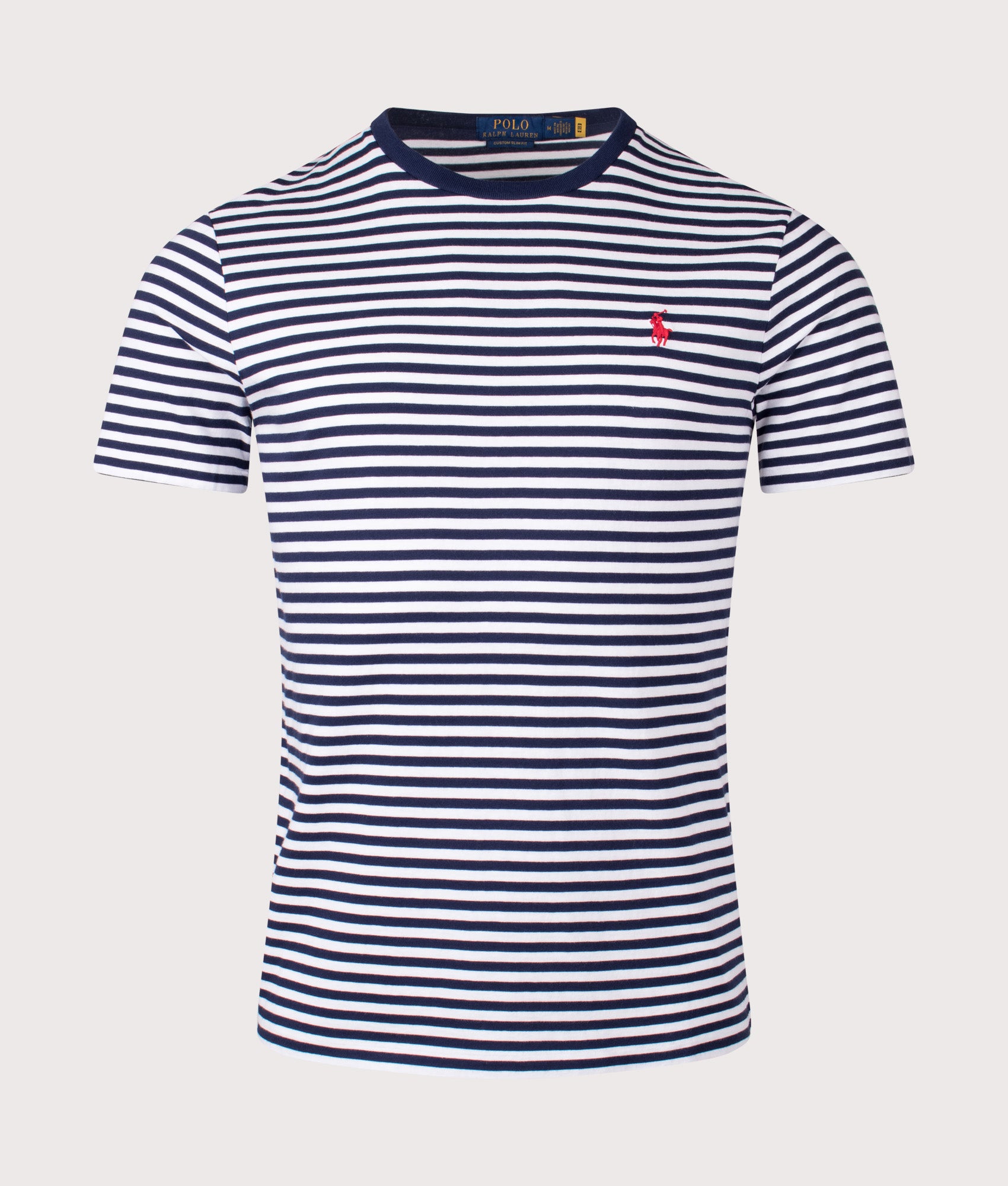 Polo Ralph Lauren Custom Slim Fit Striped Jersey T-Shirt in Newport Navy and White at EQVVS Menswear. Front shot.