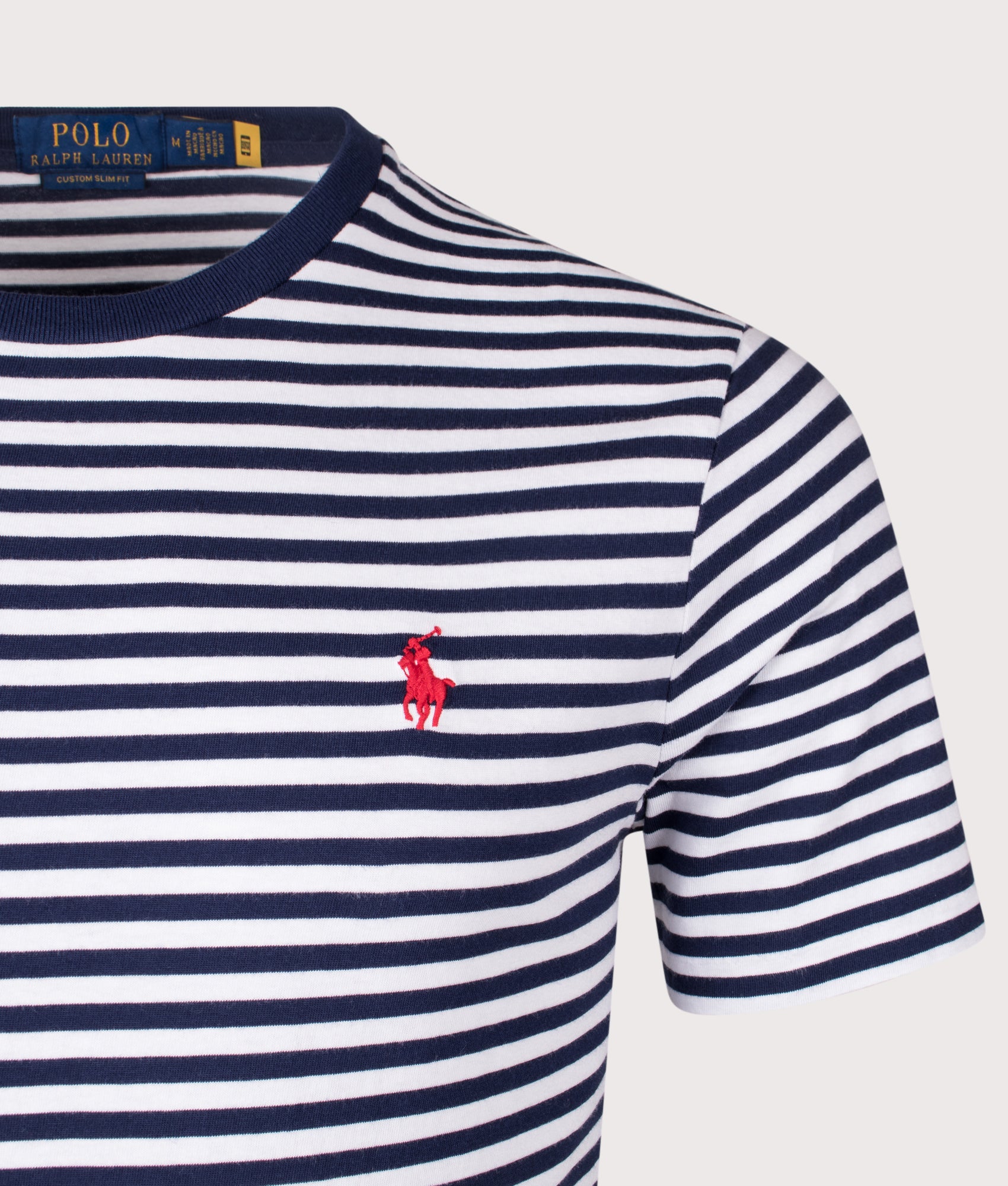 Polo Ralph Lauren Custom Slim Fit Striped Jersey T-Shirt in Newport Navy and White at EQVVS Menswear. Detail shot.