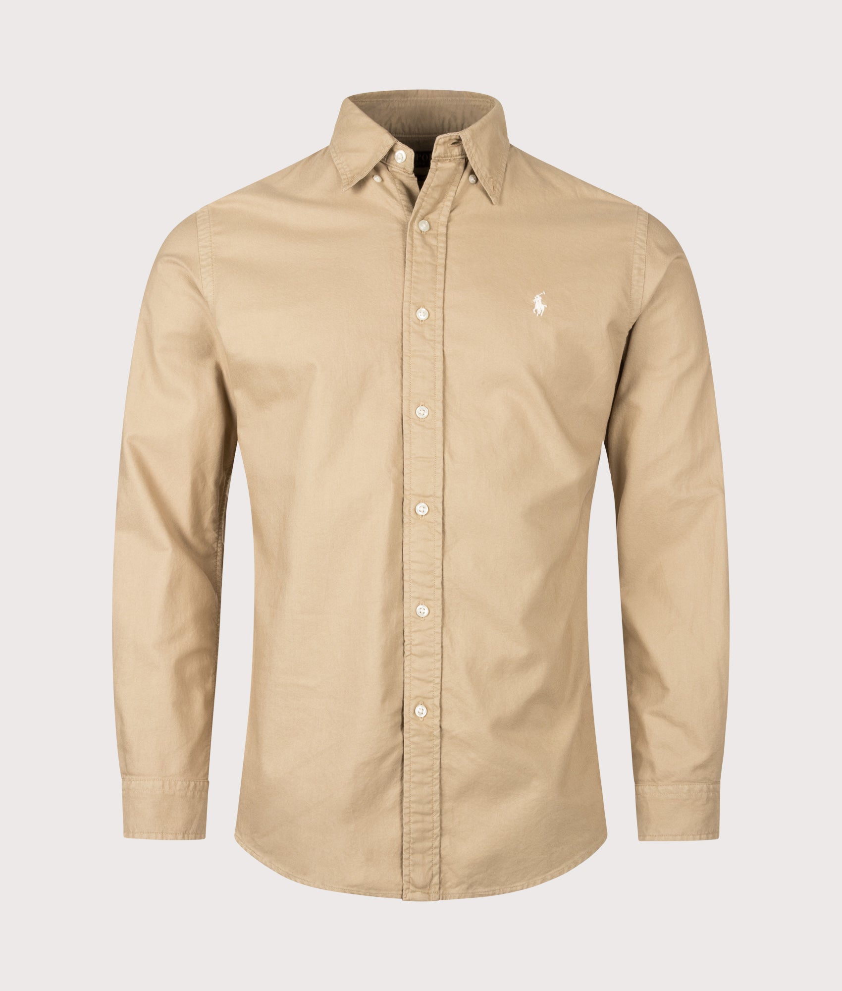 Polo Ralph Lauren Custom Fit Garment-Dyed Oxford Shirt in Cafe Tan at EQVVS Menswear. Front shot.