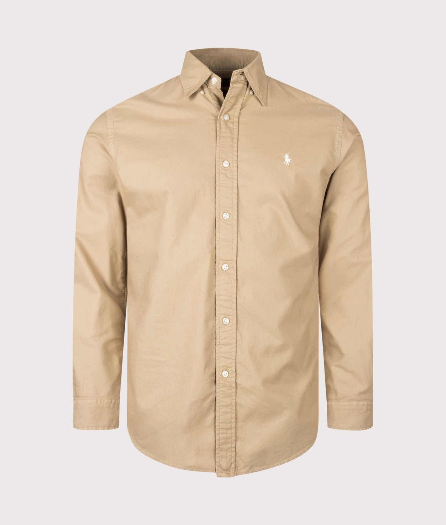 Polo Ralph Lauren Custom Fit Garment-Dyed Oxford Shirt in Cafe Tan at EQVVS Menswear. Front shot.