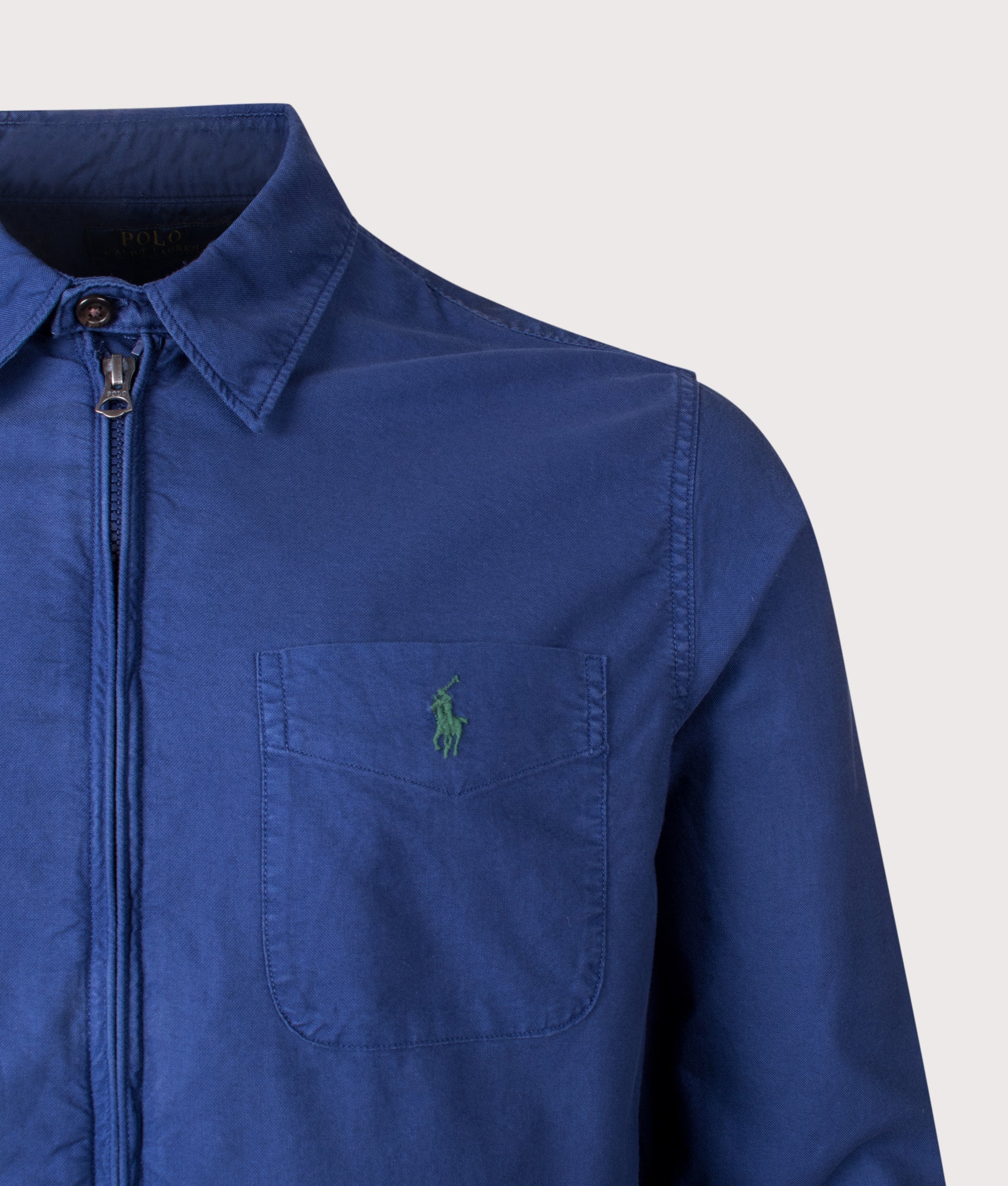 Garment-Dyed Oxford Overshirt in Freshwater | 100% Cotton | Polo Ralph Lauren | EQVVS | Front detail shot 