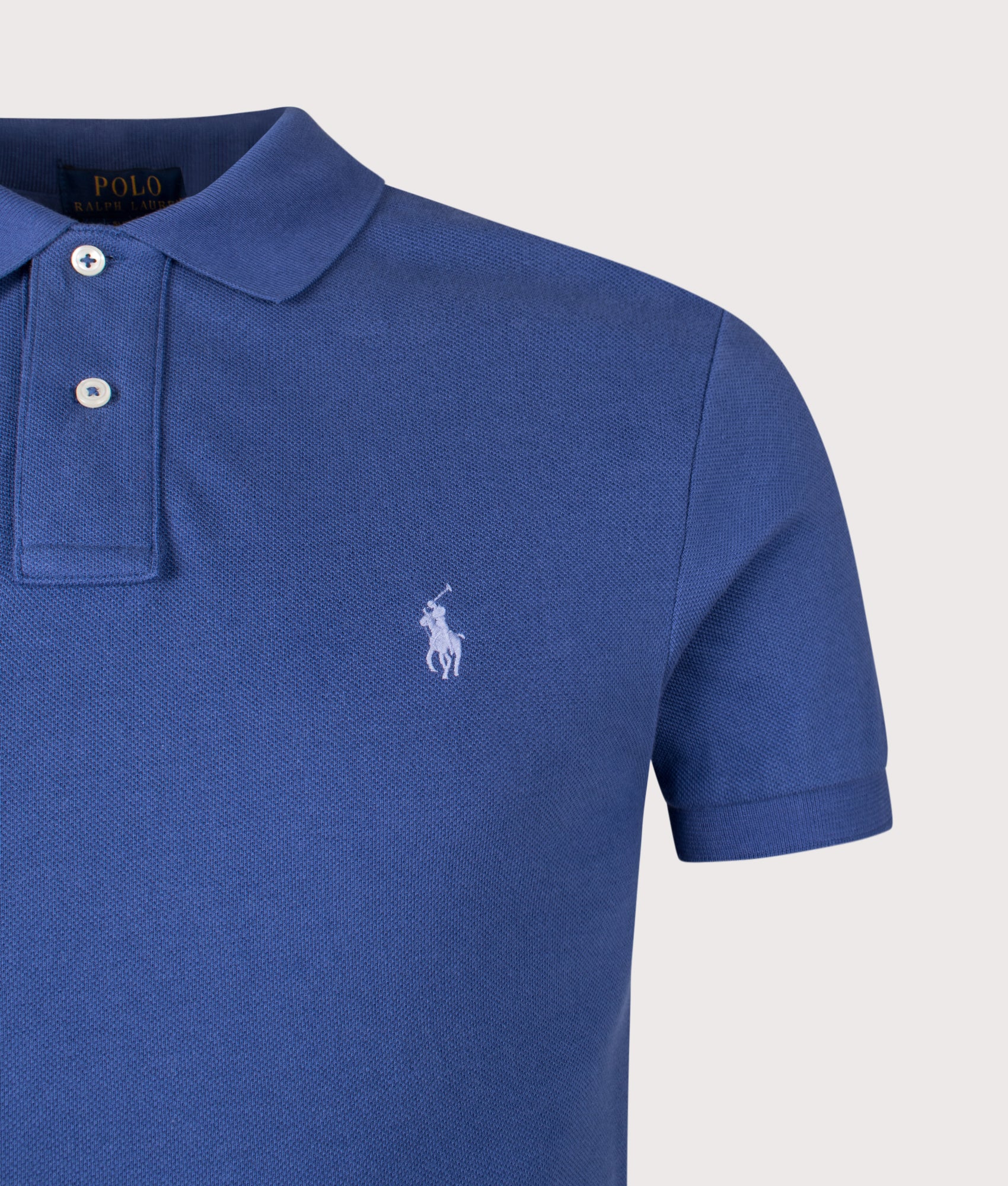 Slim Fit Mesh Polo Shirt in Old Royal | 100% Cotton | Polo Ralph Lauren | EQVVS | Front detail shot 