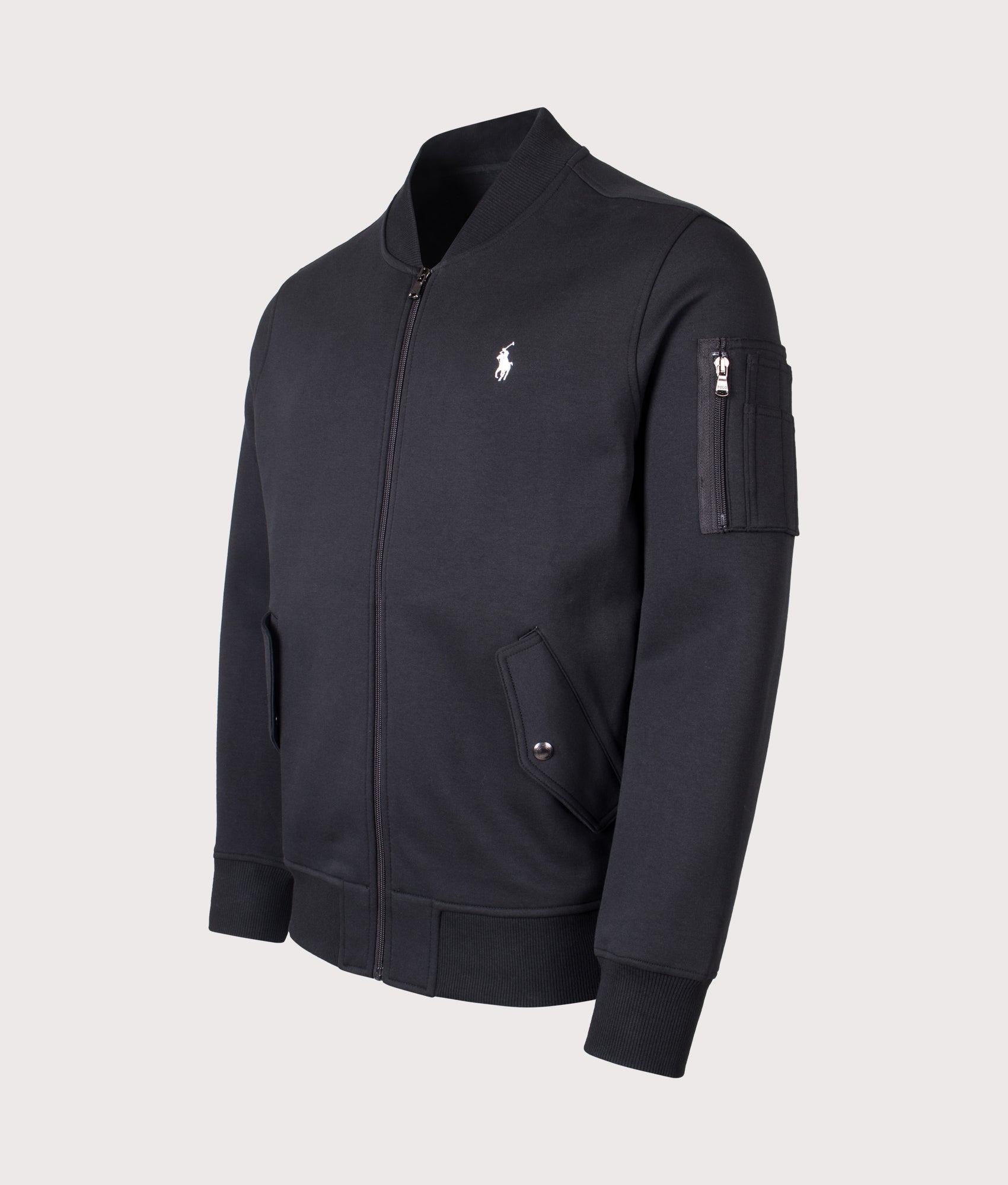 Double Knit Bomber Jacket in Polo Black | Polo Ralph Lauren | EQVVS | Front angle shot 