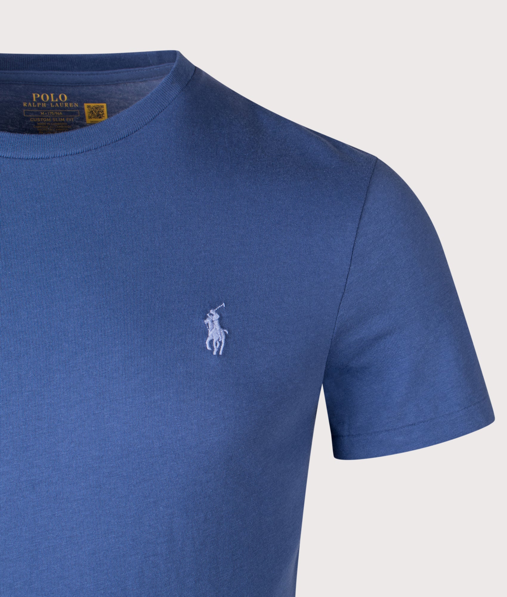 Custom Slim Fit Jersey T-Shirt in Old Royal by Polo Ralph Lauren. Shot by EQQVS. Detail shot.
