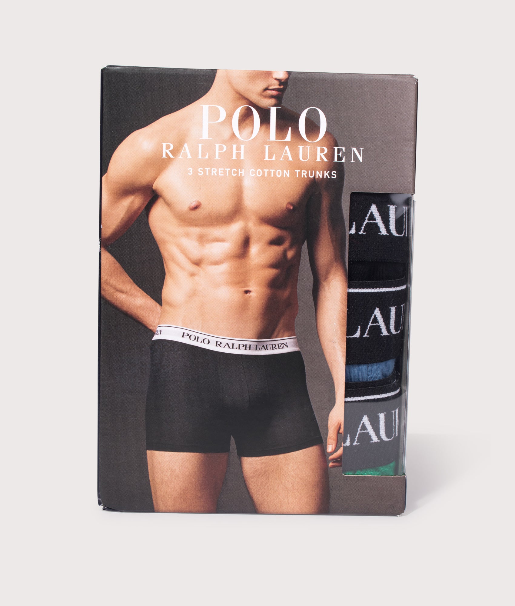 Polo Ralph Lauren 3 Pack Classic Stretch Cotton Trunks in Delta Blue, Chroma Green and Black at EQVVS Menswear. Box shot.