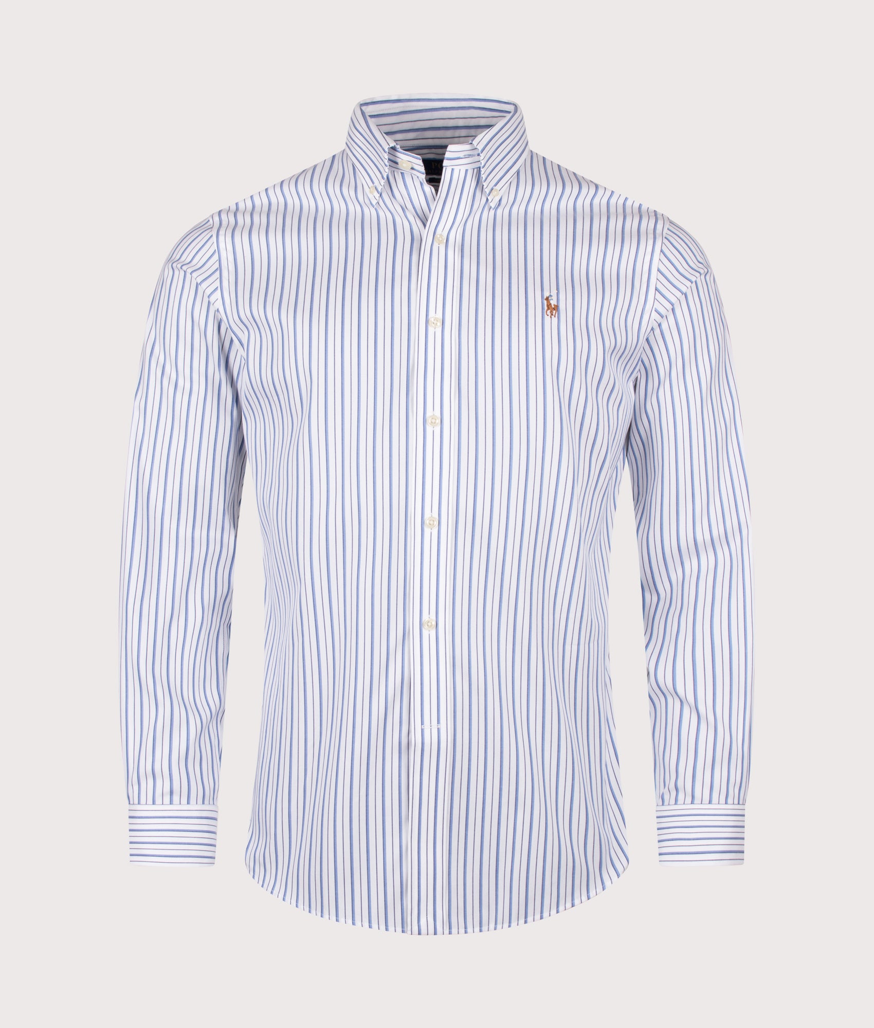 Polo Ralph Lauren Custom Fit Striped Pinpoint Oxford Shirt in White and Sky Blue stripe at EQVVS Menswear. Front shot.