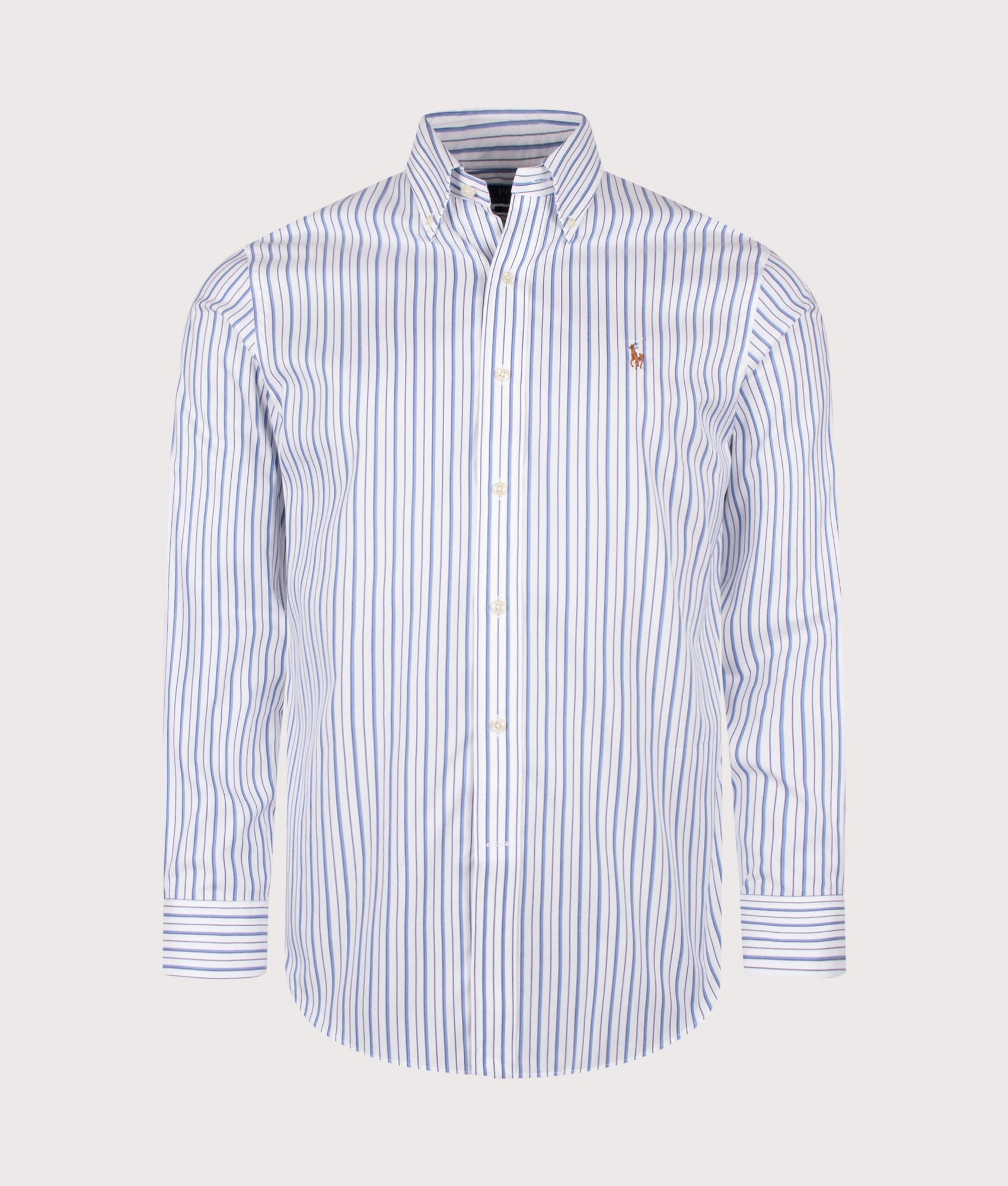 Polo Ralph Lauren Custom Fit Striped Pinpoint Oxford Shirt in White and Sky Blue stripe at EQVVS Menswear. Front shot.