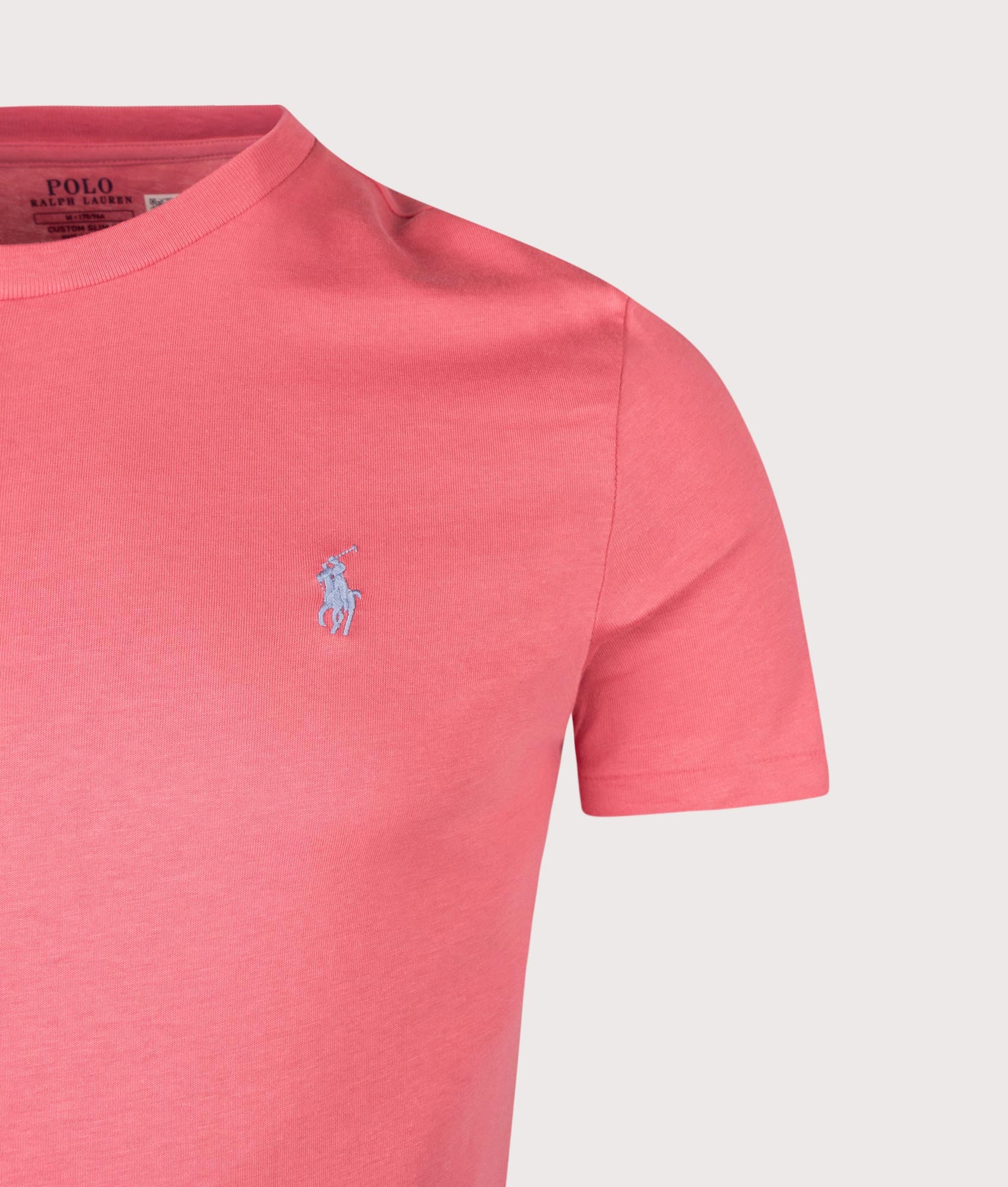 Polo Ralph Lauren Custom Slim Fit Jersey T-Shirt in Red Sky at EQVVS Menswear. Detail shot.