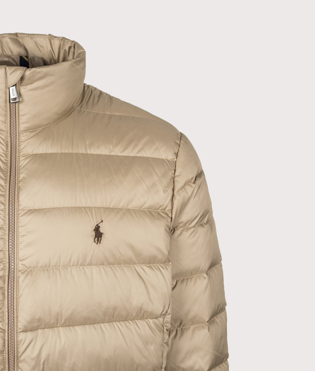 Polo Ralph Lauren The Colden Packable Down Jacket in Rl Khaki at EQVVS Menswear. Detail shot.