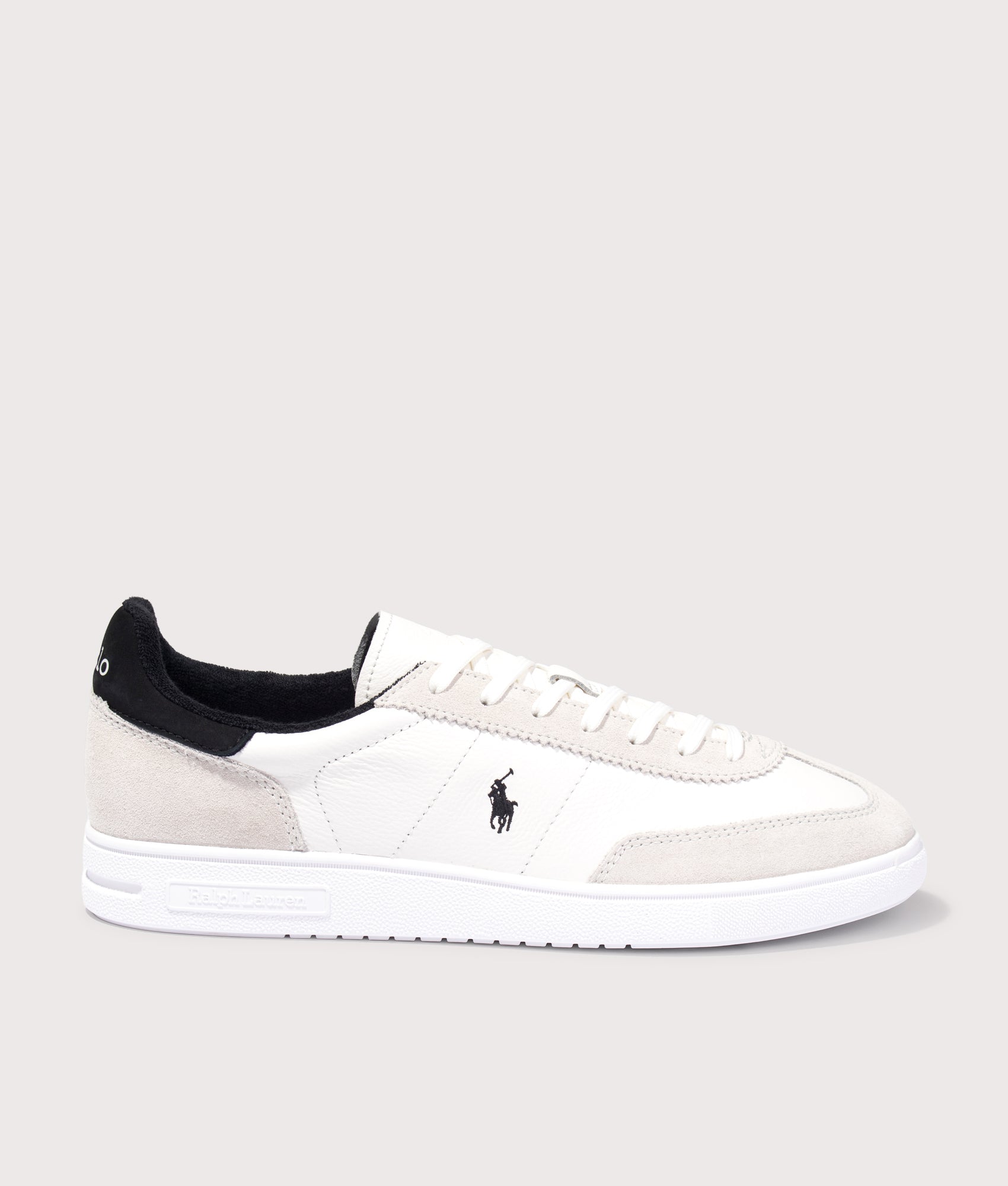 Polo Ralph Lauren Bedford Leather-Suede Sneakers in Deckwash White and Black at EQVVS Menswear. Side detail shot.
