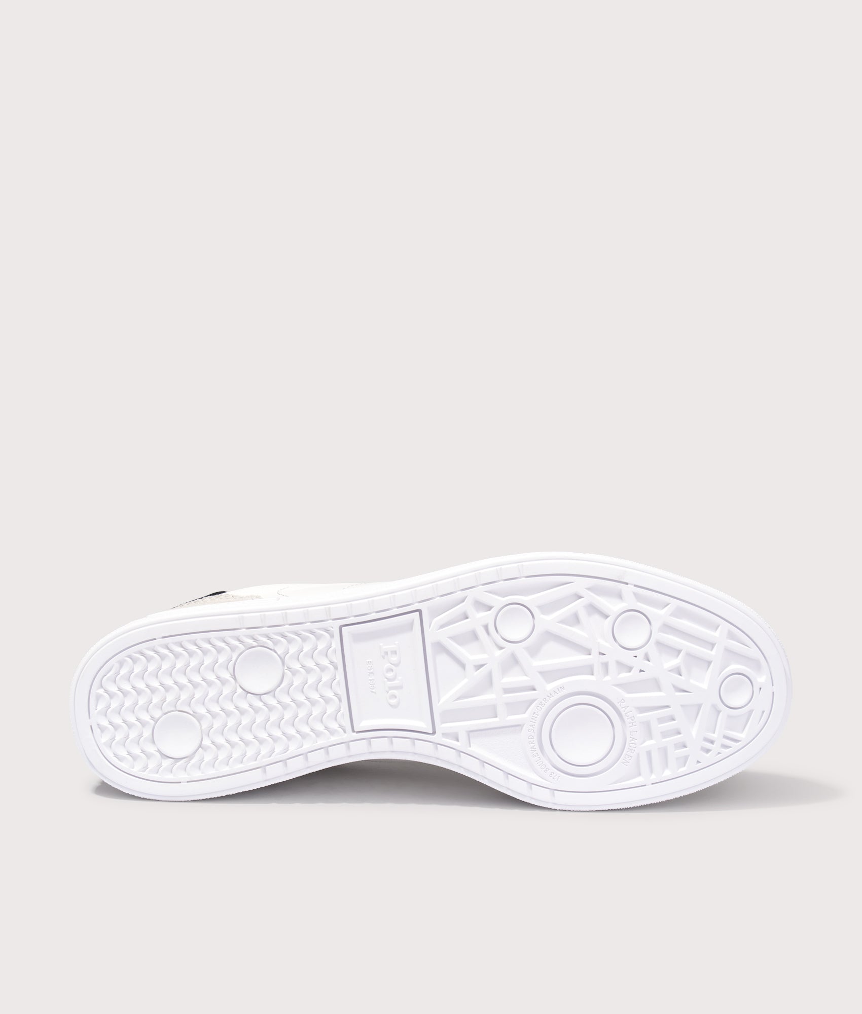 Polo Ralph Lauren Bedford Leather-Suede Sneakers in Deckwash White and Black at EQVVS Menswear. Tread shot.