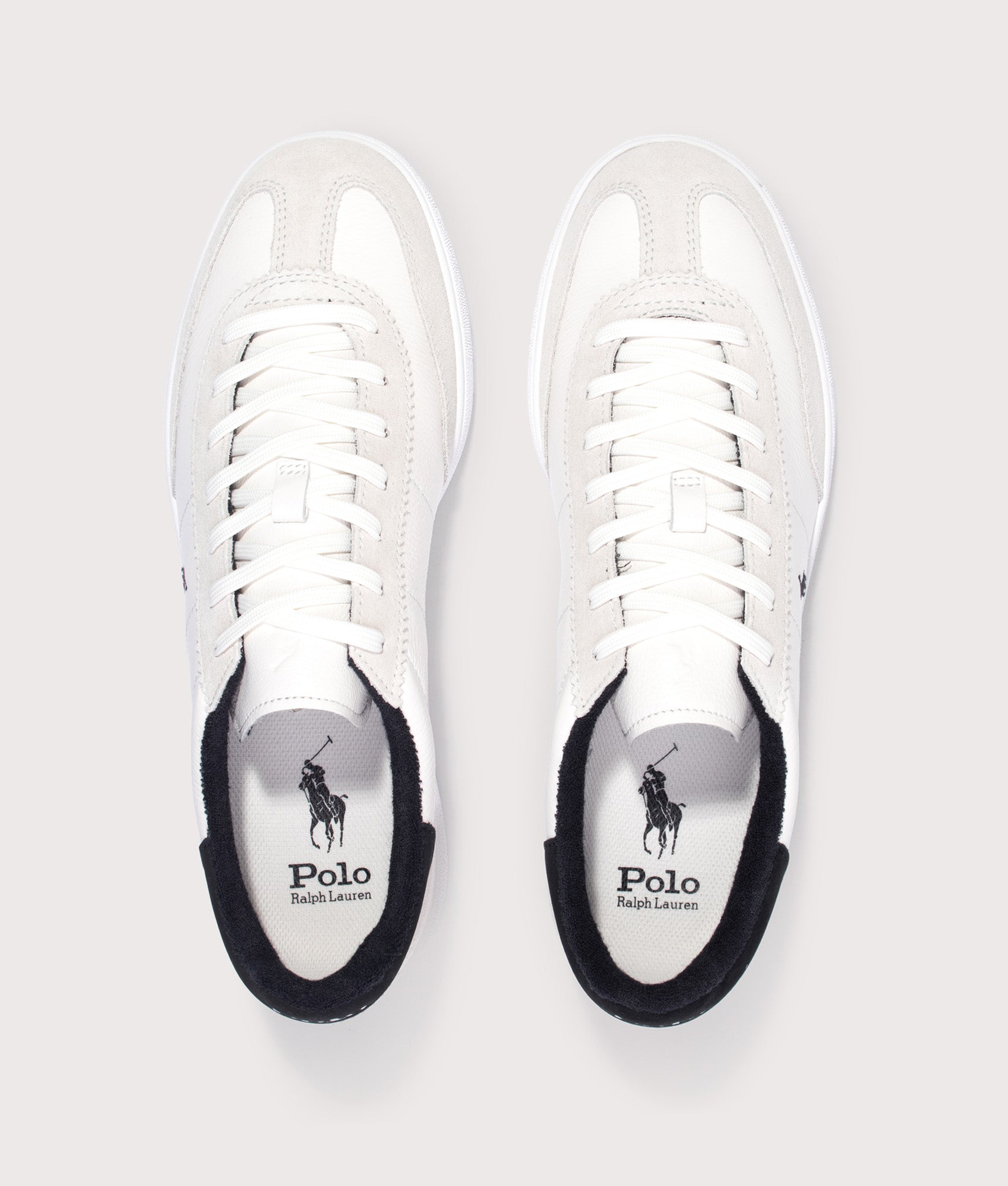 Polo Ralph Lauren Bedford Leather-Suede Sneakers in Deckwash White and Black at EQVVS Menswear. Top shot.