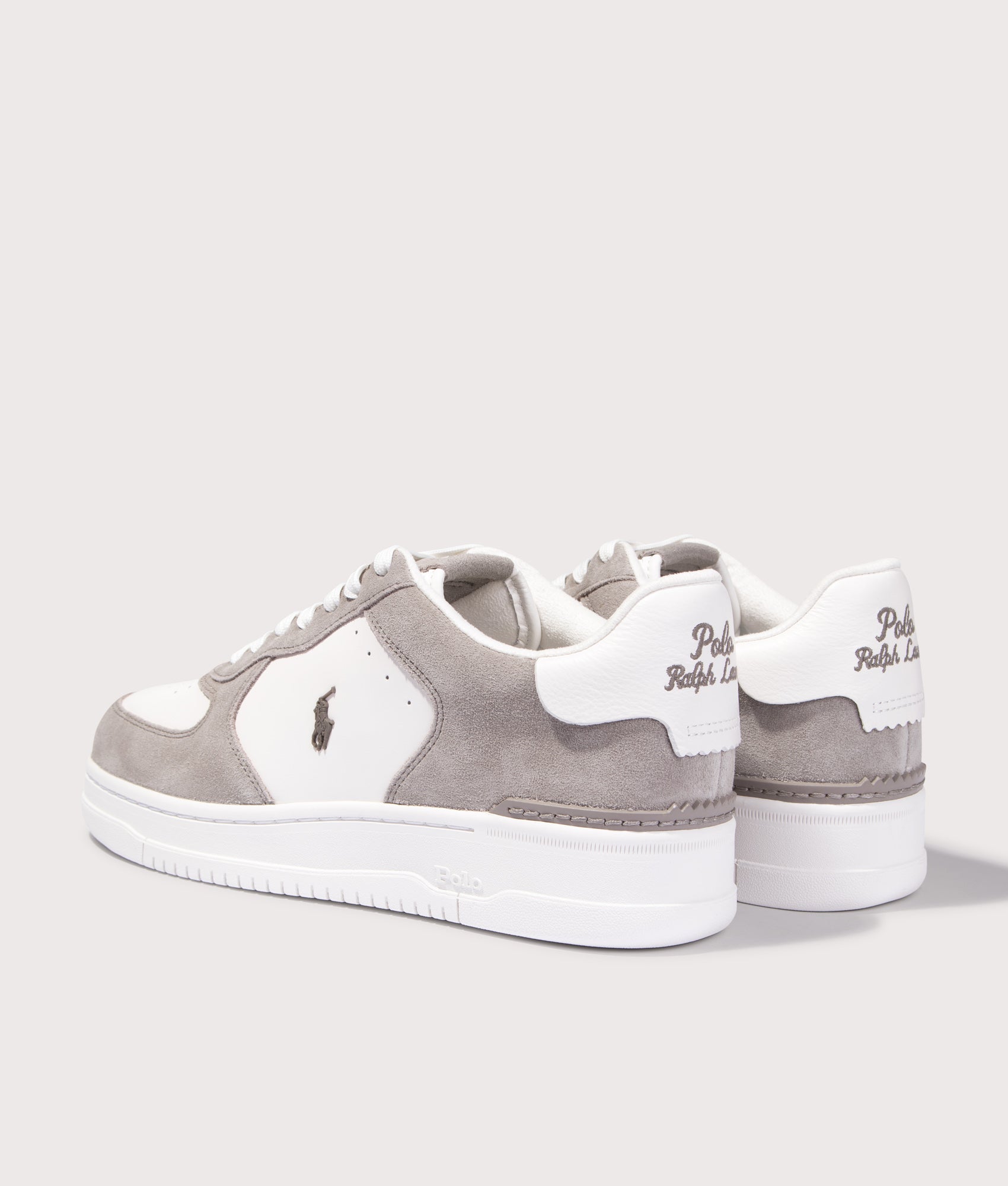 Polo Ralph Lauren Masters Low Top Court Sneakers in Earth Grey and Deckwash White at EQVVS Menswear. Back shot.