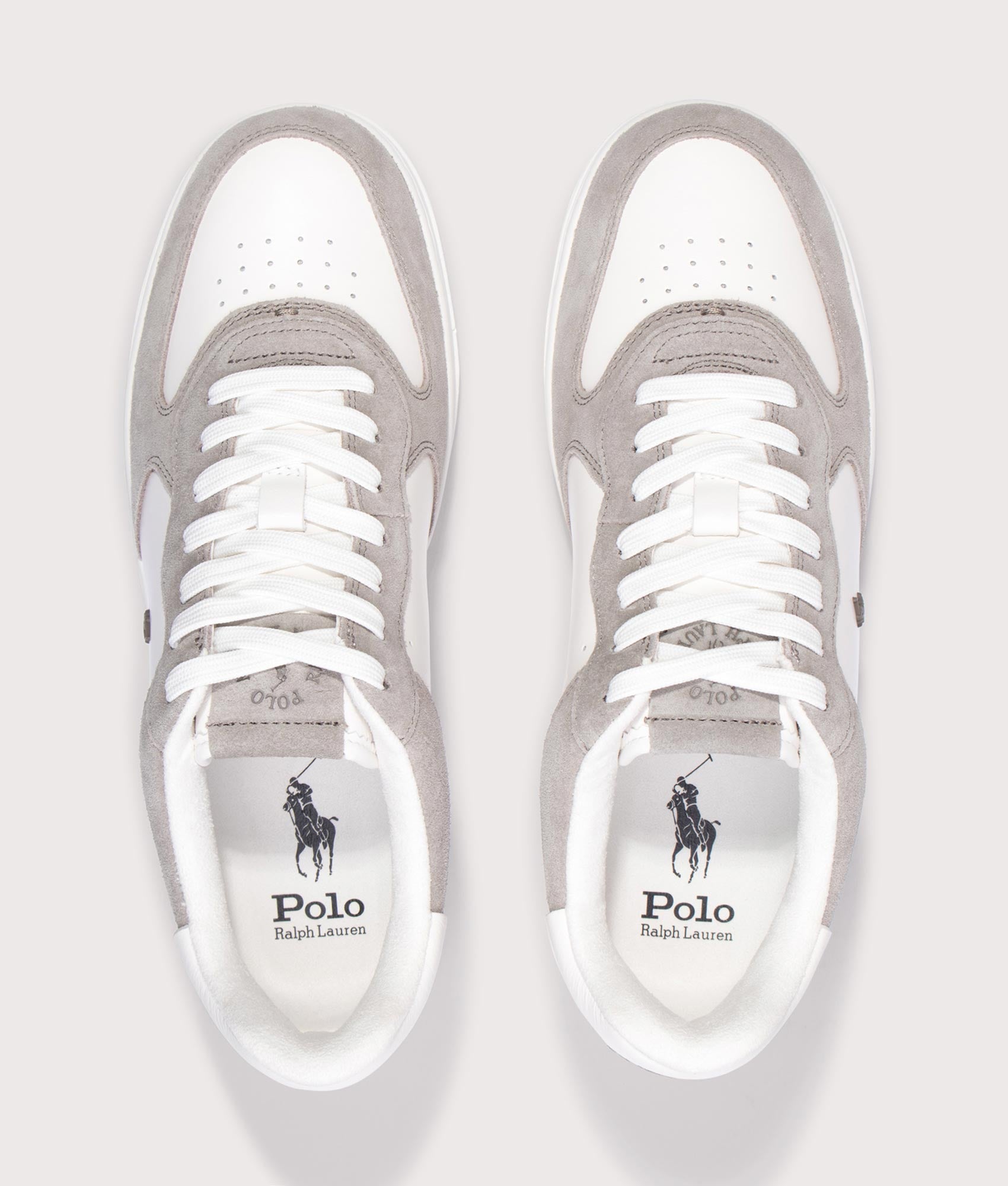 Polo Ralph Lauren Masters Low Top Court Sneakers in Earth Grey and Deckwash White at EQVVS Menswear. Top shot.