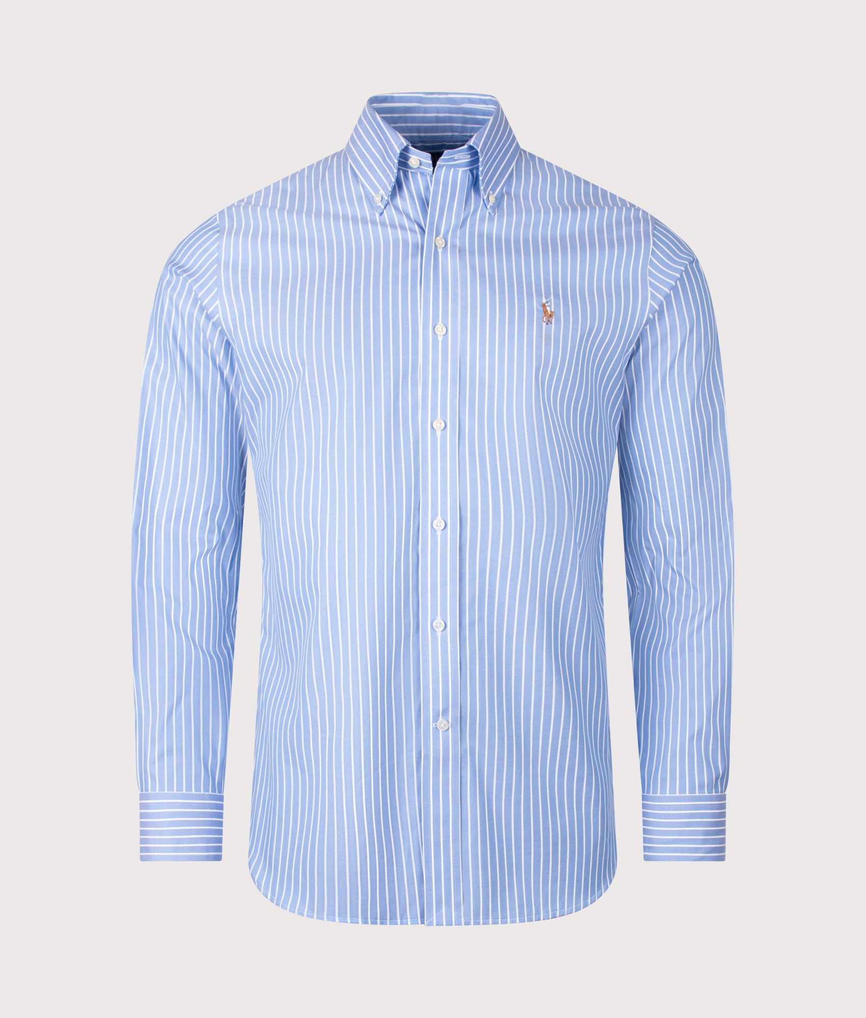 Polo Ralph Lauren Custom Fit Striped Pinpoint Oxford Shirt in Azure and White stripe at EQVVS Menswear. Front shot.