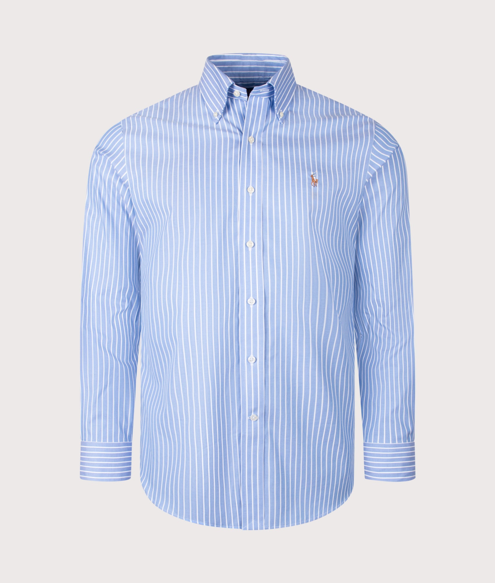 Polo Ralph Lauren Custom Fit Striped Pinpoint Oxford Shirt in Azure and White stripe at EQVVS Menswear. Front shot.