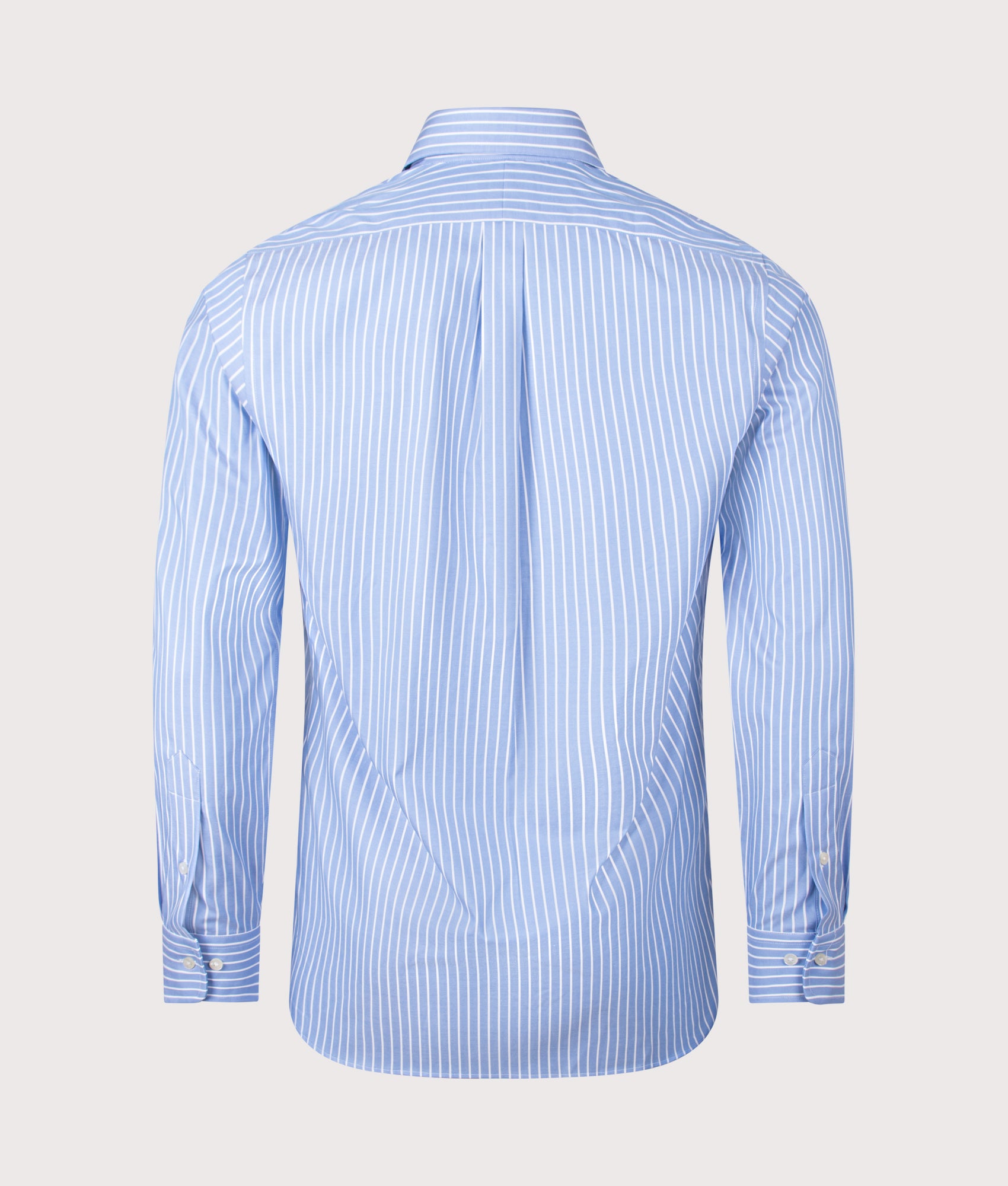 Polo Ralph Lauren Custom Fit Striped Pinpoint Oxford Shirt in Azure and White stripe at EQVVS Menswear. Back shot.