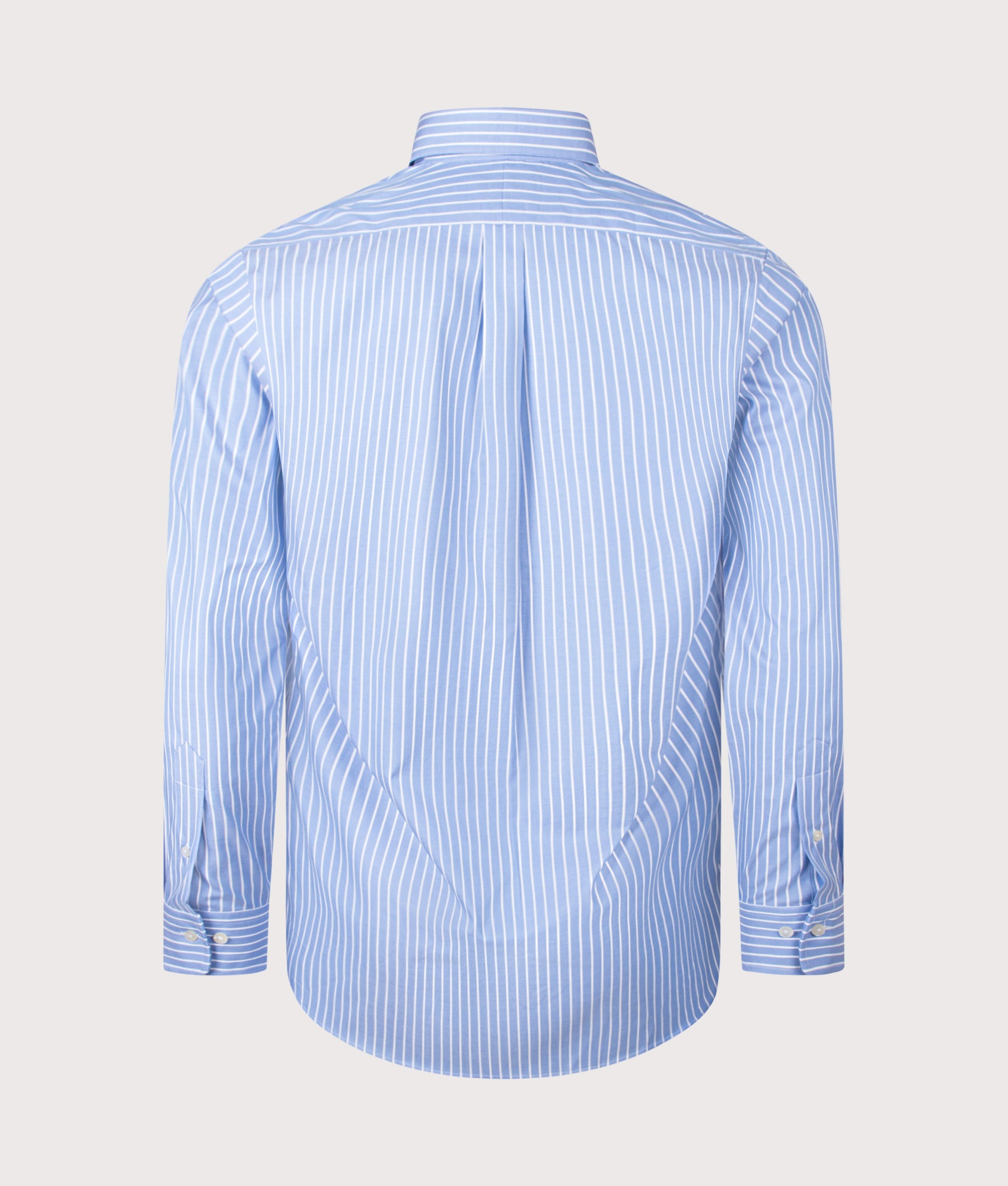 Polo Ralph Lauren Custom Fit Striped Pinpoint Oxford Shirt in Azure and White stripe at EQVVS Menswear. Back shot.
